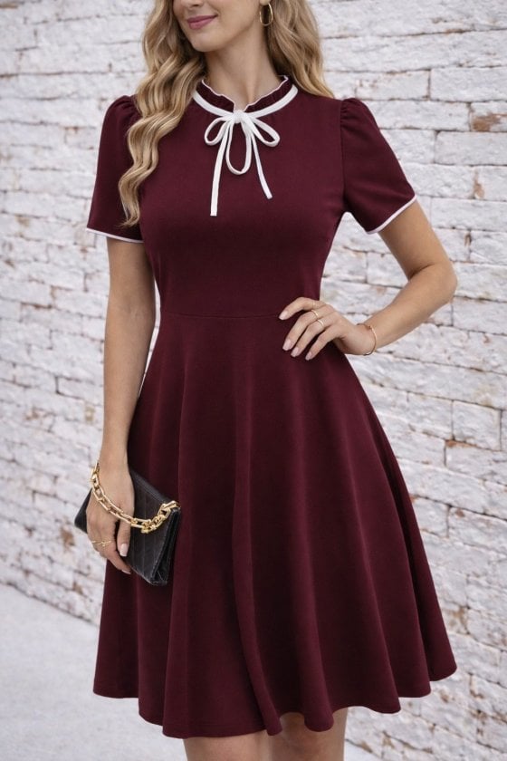 Women's Short-Sleeve Mock Neck Bow Tie Flared Midi Dress in Deep Red - Janes - by Peralane - photo 3