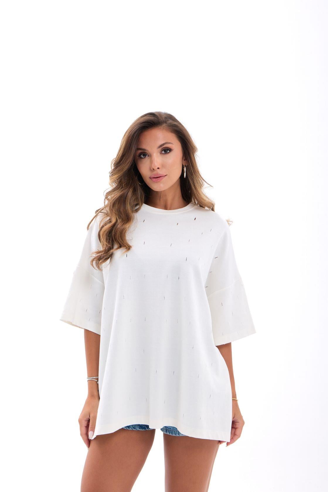 White Cotton T-Shirt with Subtle Dash Pattern - Fame - by Peralane