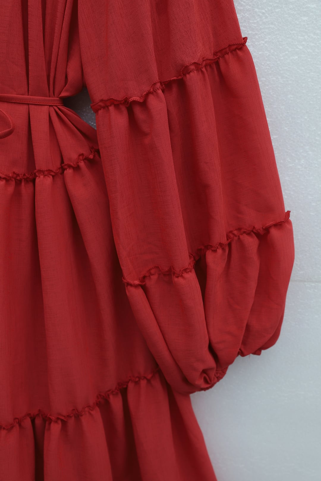 Women's Red Tiered Ruffle Sleeve Dress with Tie Waist - Podyumplus - by Peralane - photo 6