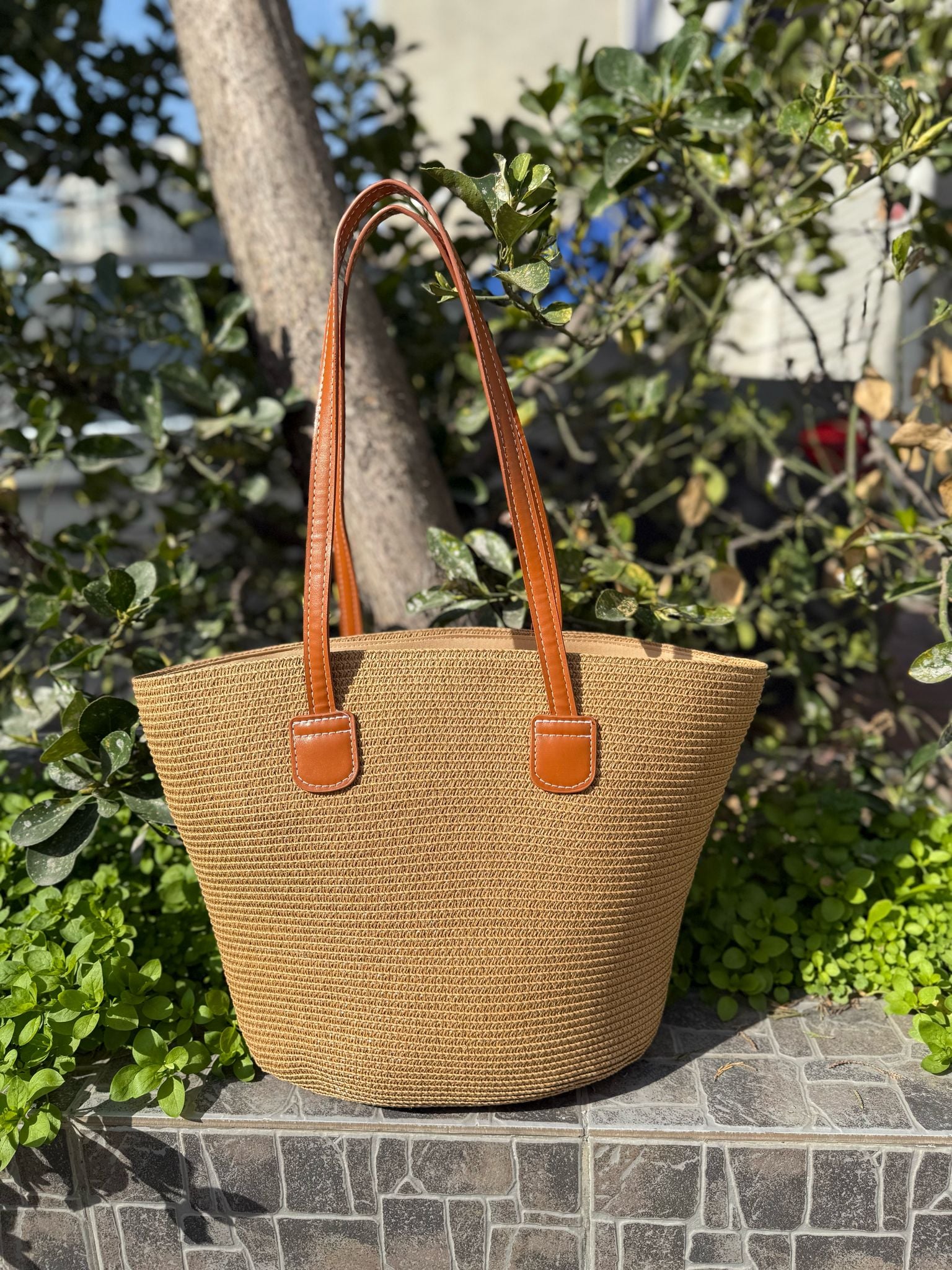 Camel Woven Straw Tote Bag with Brown Faux Leather Trim - Nesvay - by Peralane