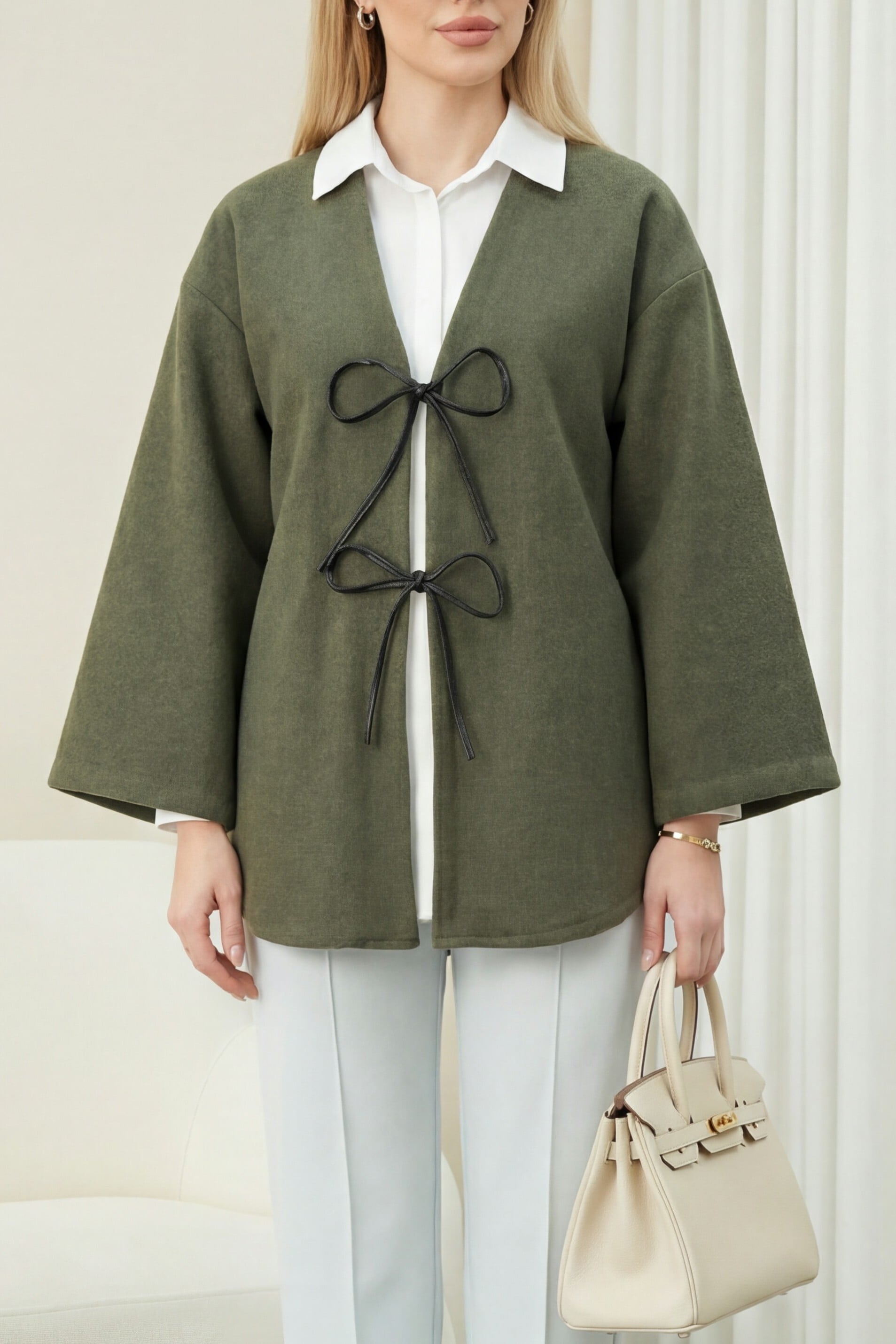 Haki Front-Tie Oval Cut Felt Kimono - Podyumplus - by Peralane