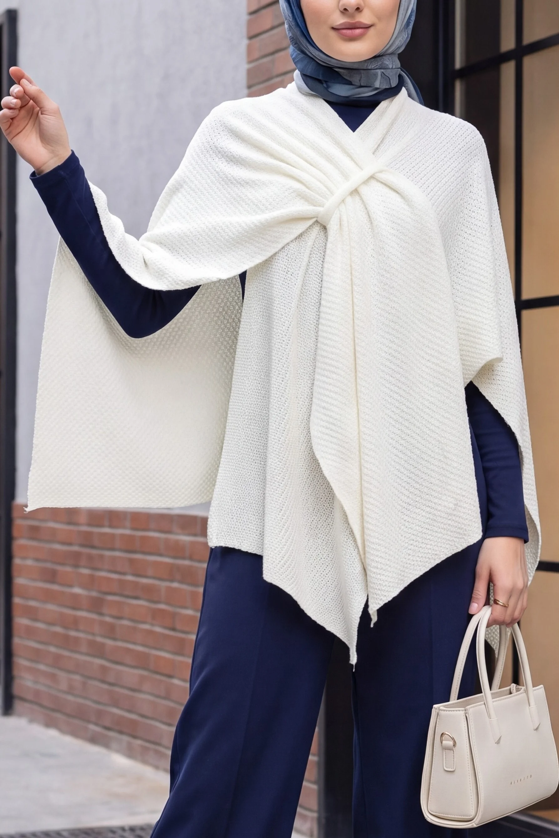 Relaxed Fit Knitted Poncho - White - Podyumplus - by Peralane