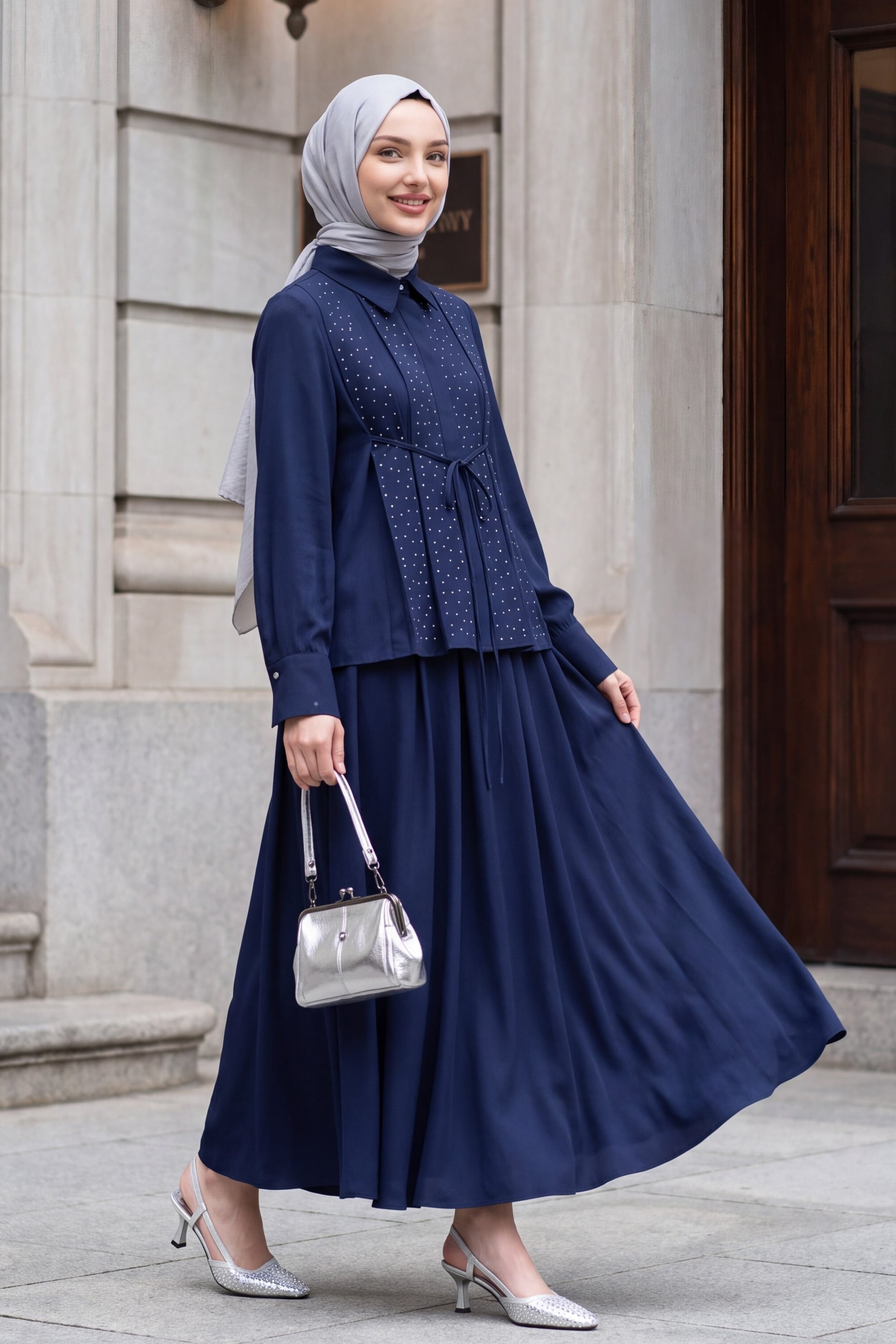 Navy Blue Beaded Lace-Up Shirt and Skirt Two-Piece Modal Set - Podyumplus - by Peralane - photo 4