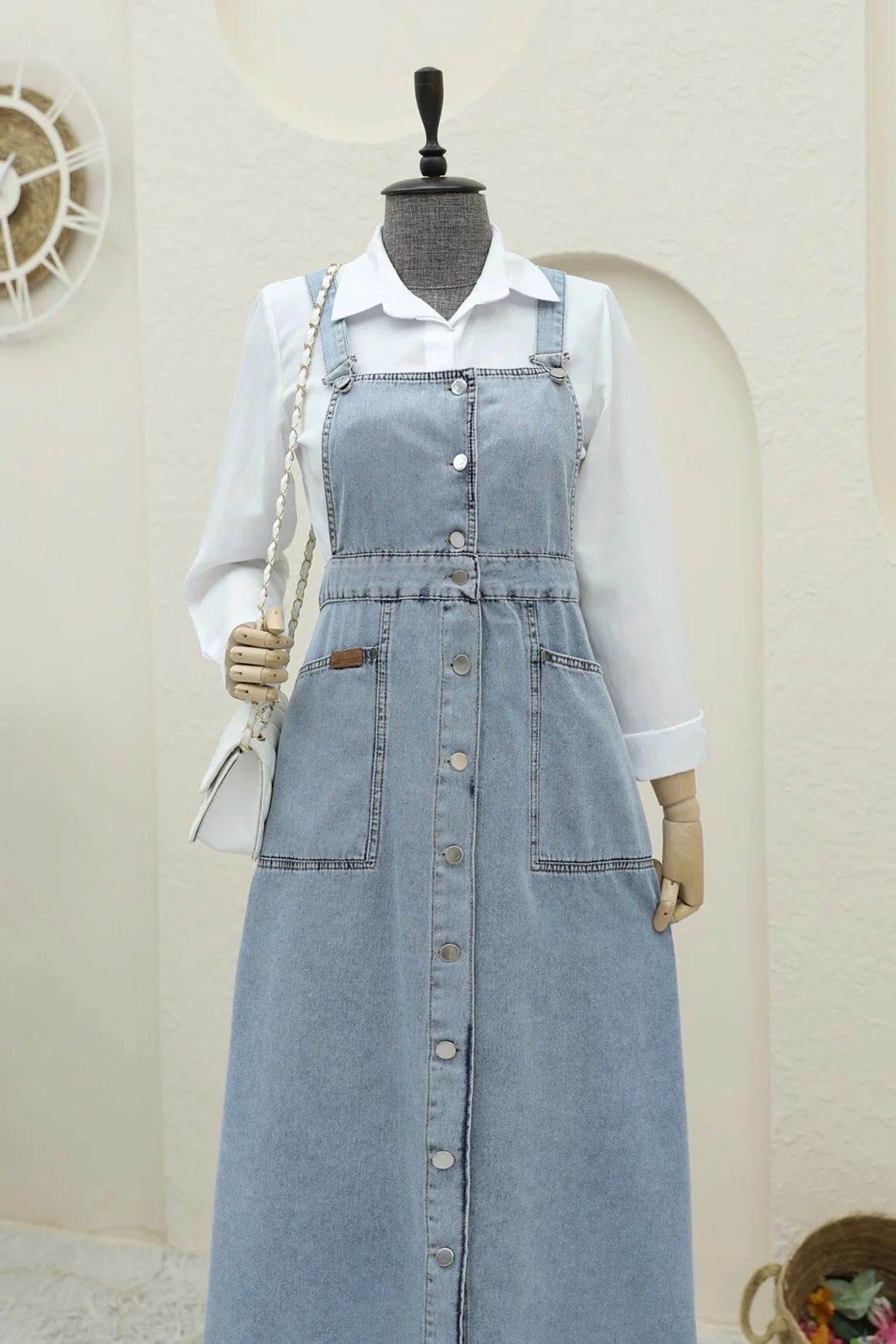 Full-Length Button-Front Double-Pocket Denim Overalls - Ice Blue - Podyumplus - by Peralane - photo 4