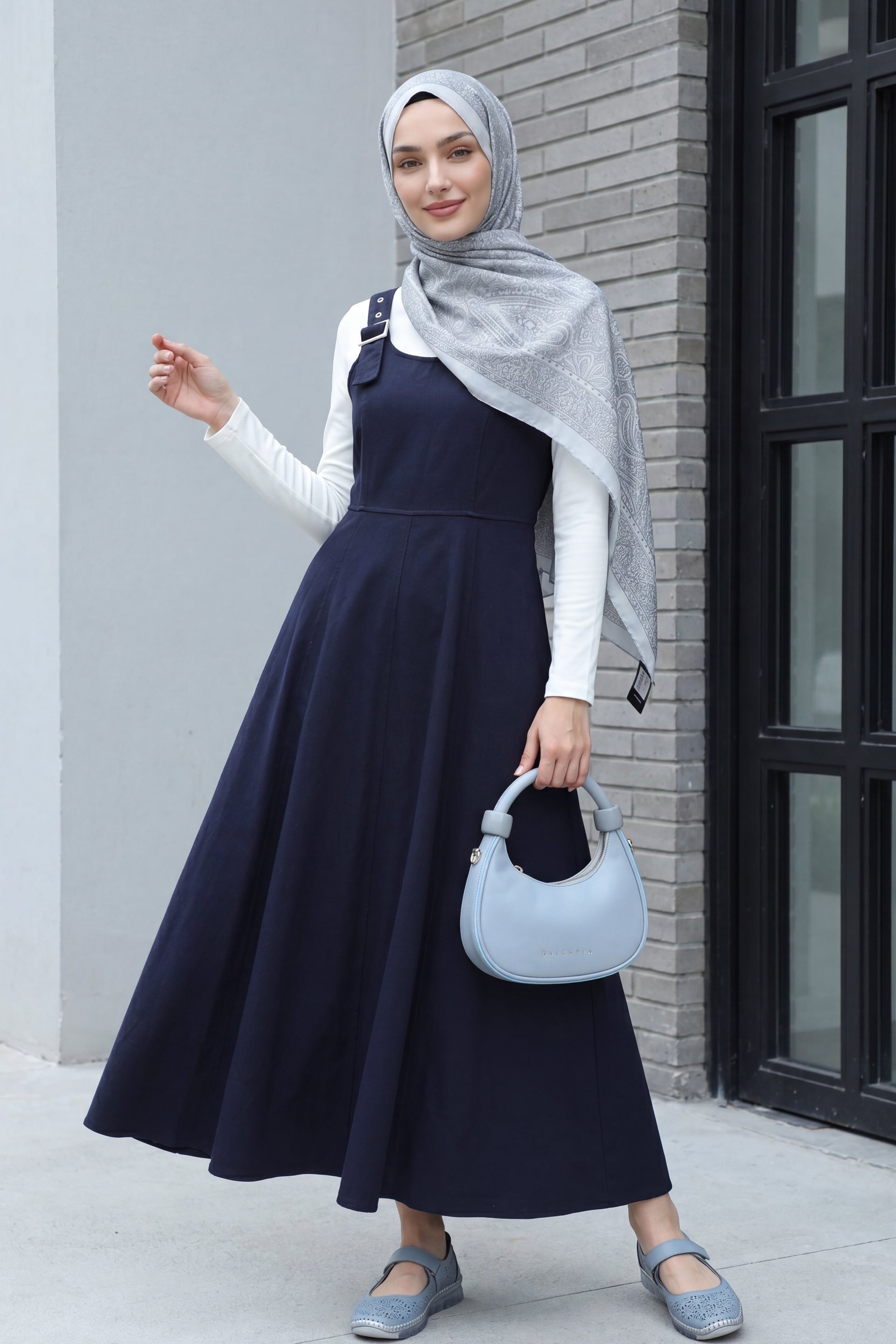 Navy Blue Half-Zip Strap Gabardine Pinafore Dress - Podyumplus - by Peralane - photo 3