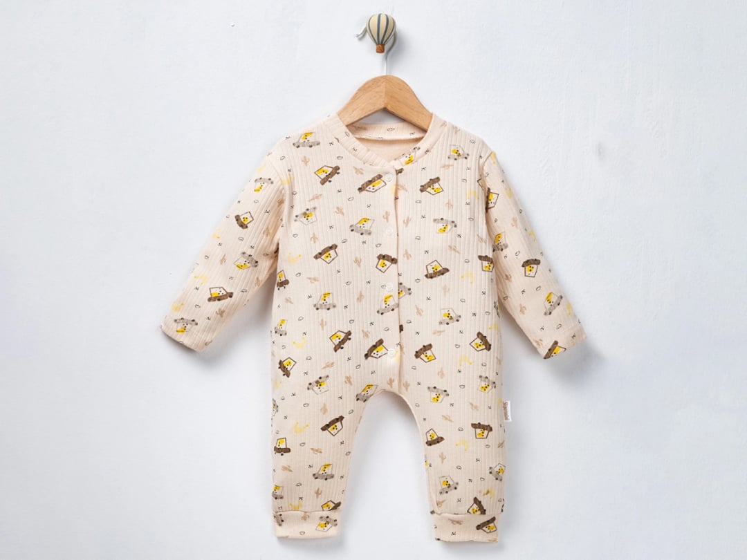 Baby Boy Ribbed Knit Romper with Bear and House Print – Beige - Supermini - by Peralane