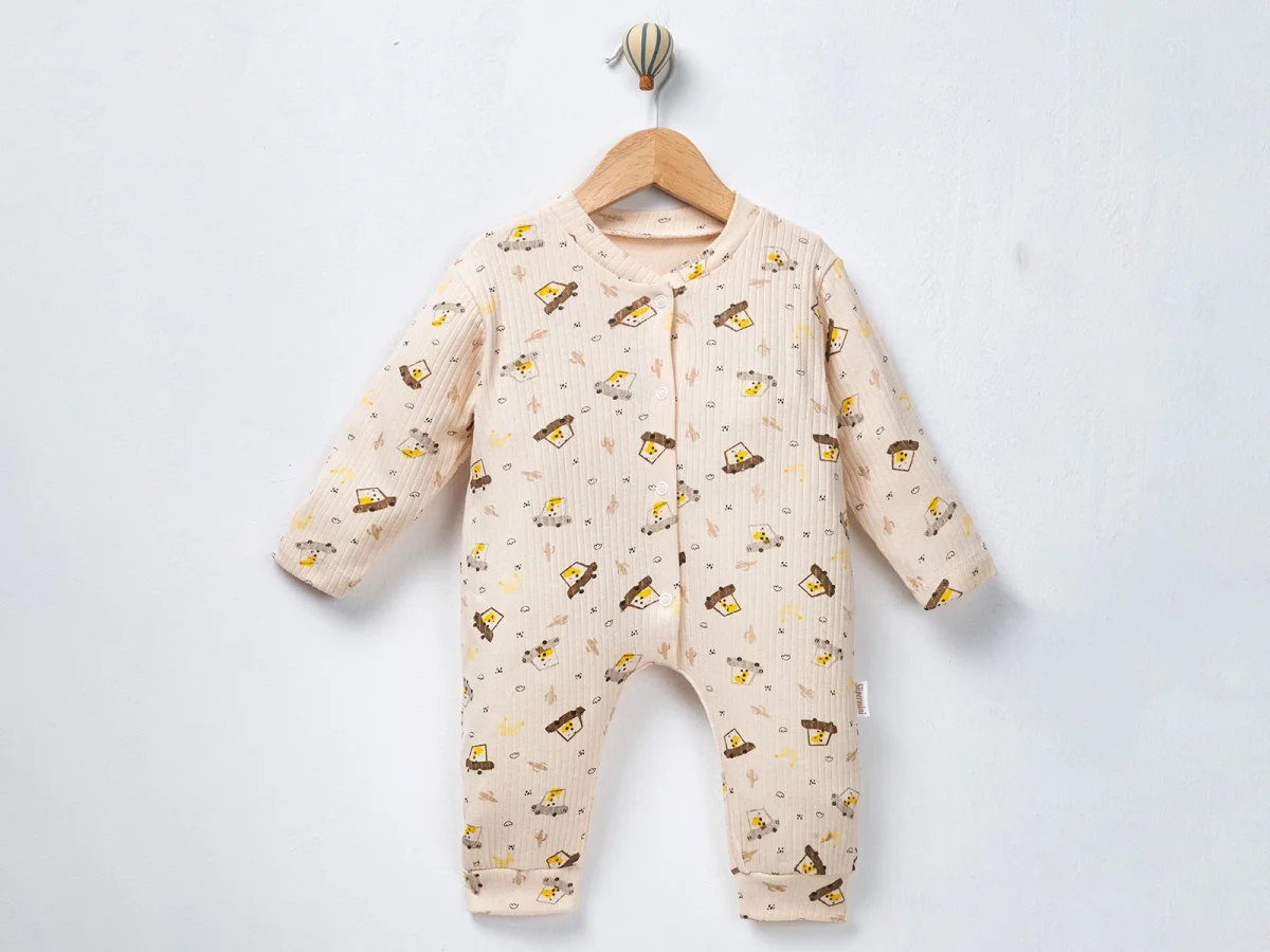 Baby Boy Ribbed Knit Romper with Bear and House Print – Beige - Supermini - by Peralane