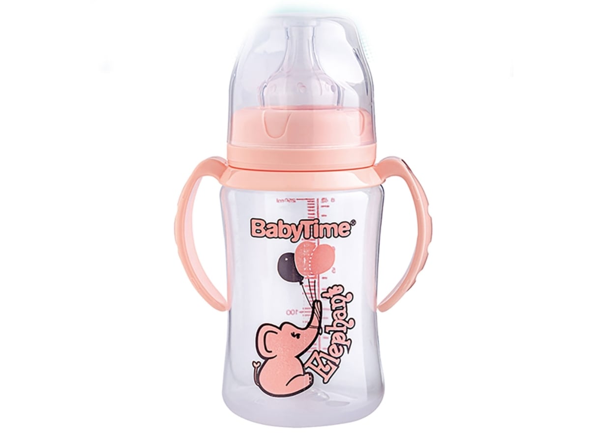 Wide-Neck PP Baby Bottle with Handles 250ml Pink - Baby Time - by Peralane