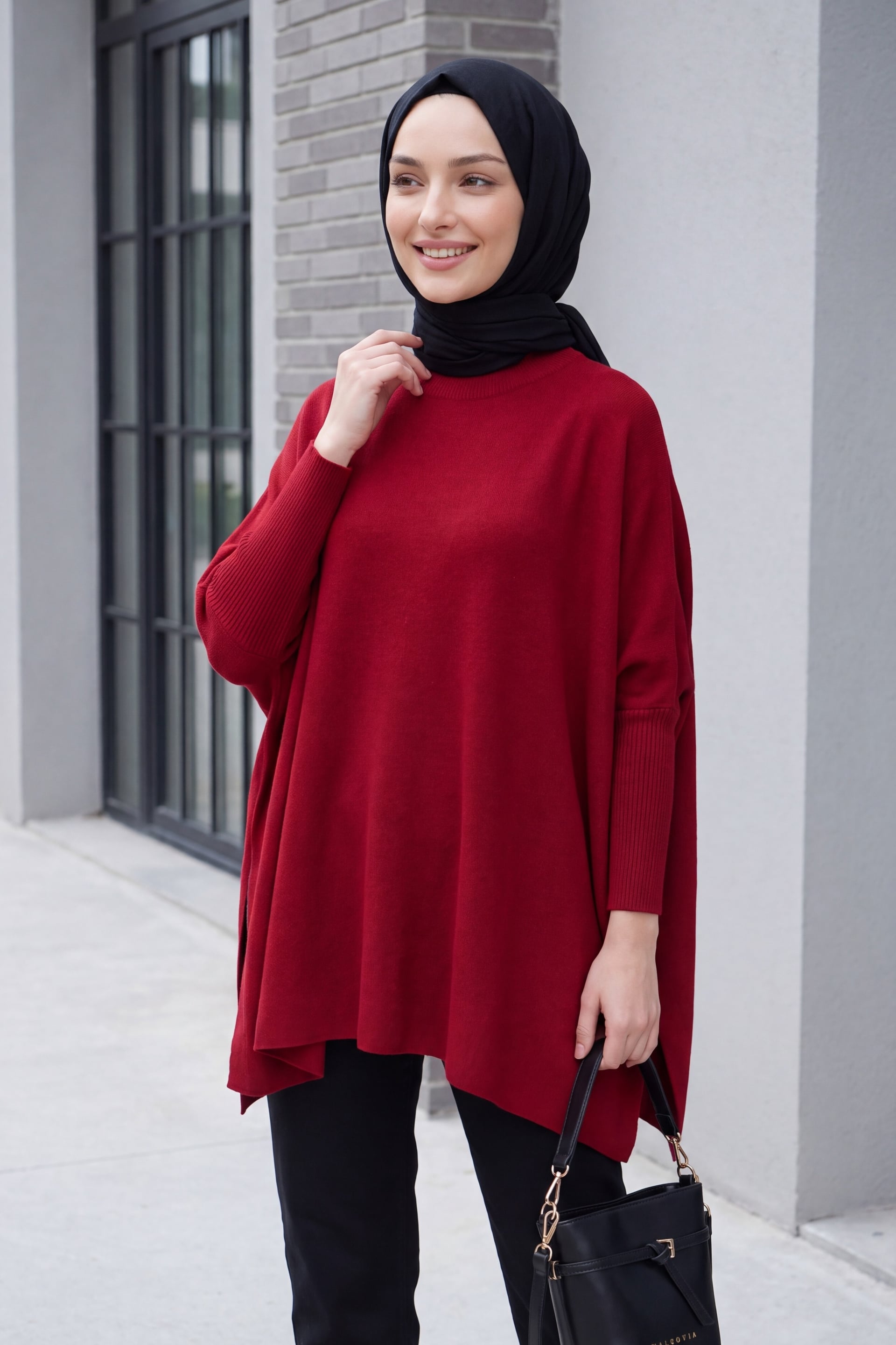 Side Slit Oversize Poncho Knit Sweater - Bordeaux - Bigdart - by Peralane - photo 2