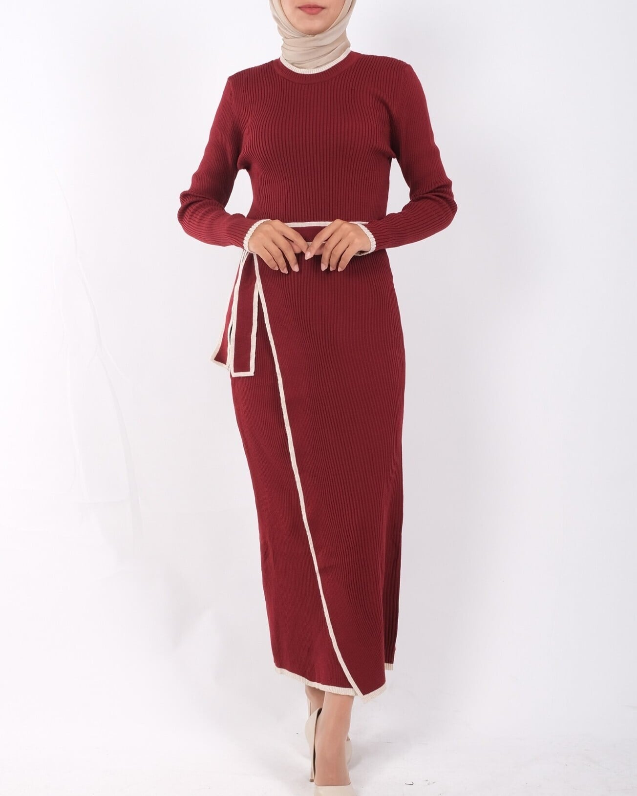 Side-Wrap Ribbed Knit Dress with Skirt Detail - Wine - Podyumplus - by Peralane - photo 5