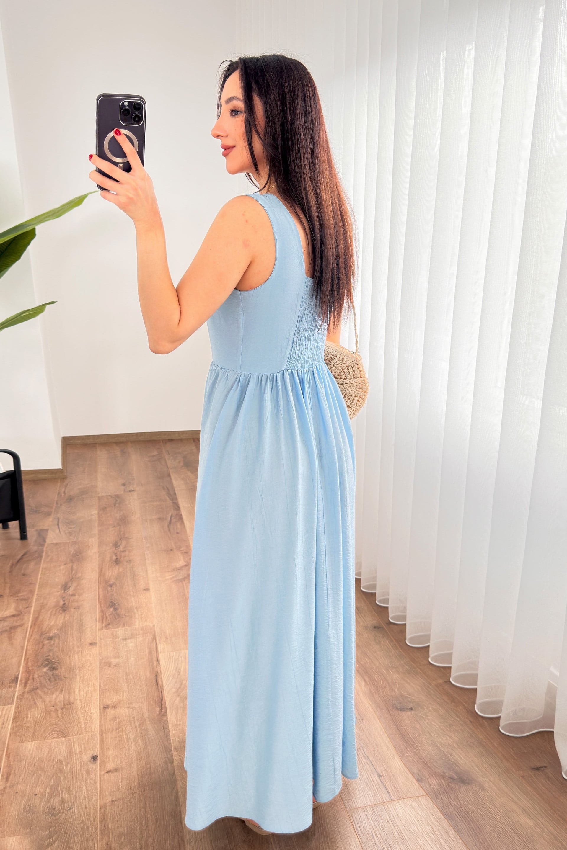 Bebe Blue Sleeveless Maxi Dress with Button Front and Tie Neck - Lustri̇n - by Peralane - photo 4