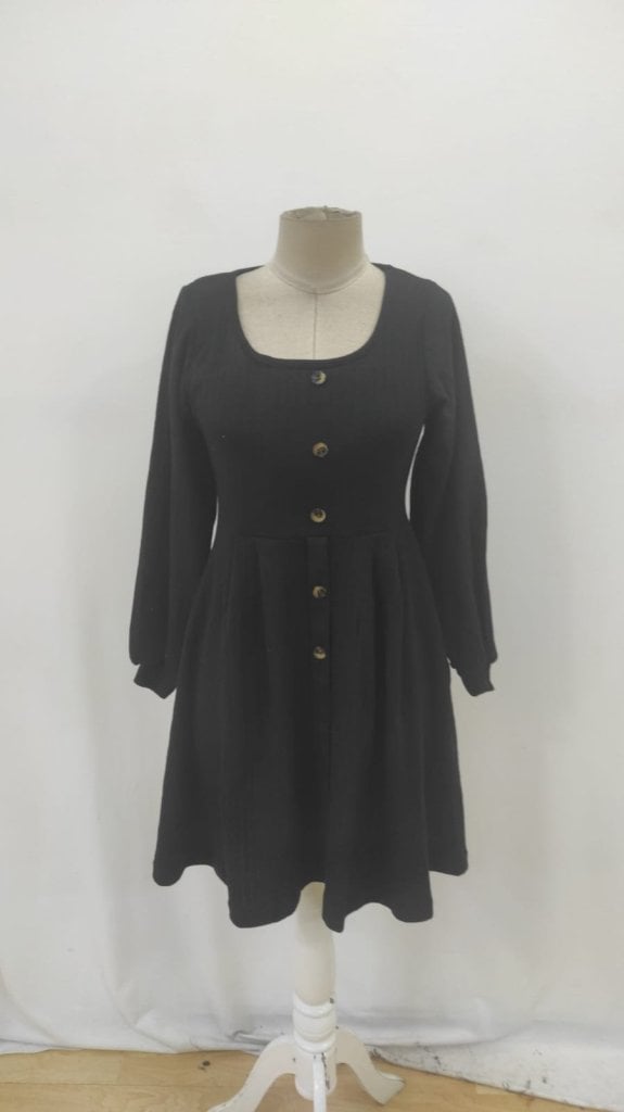 Women's Long Sleeve Square Neck Button Mini Dress in Black - Janes - by Peralane - photo 7