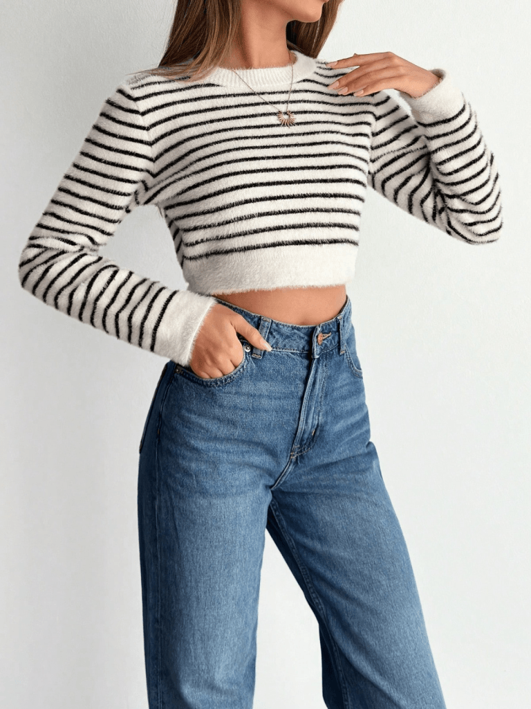 Women's Long Sleeve Crew Neck Crop Knit Sweater, Black and White Stripes - Janes - by Peralane - photo 2