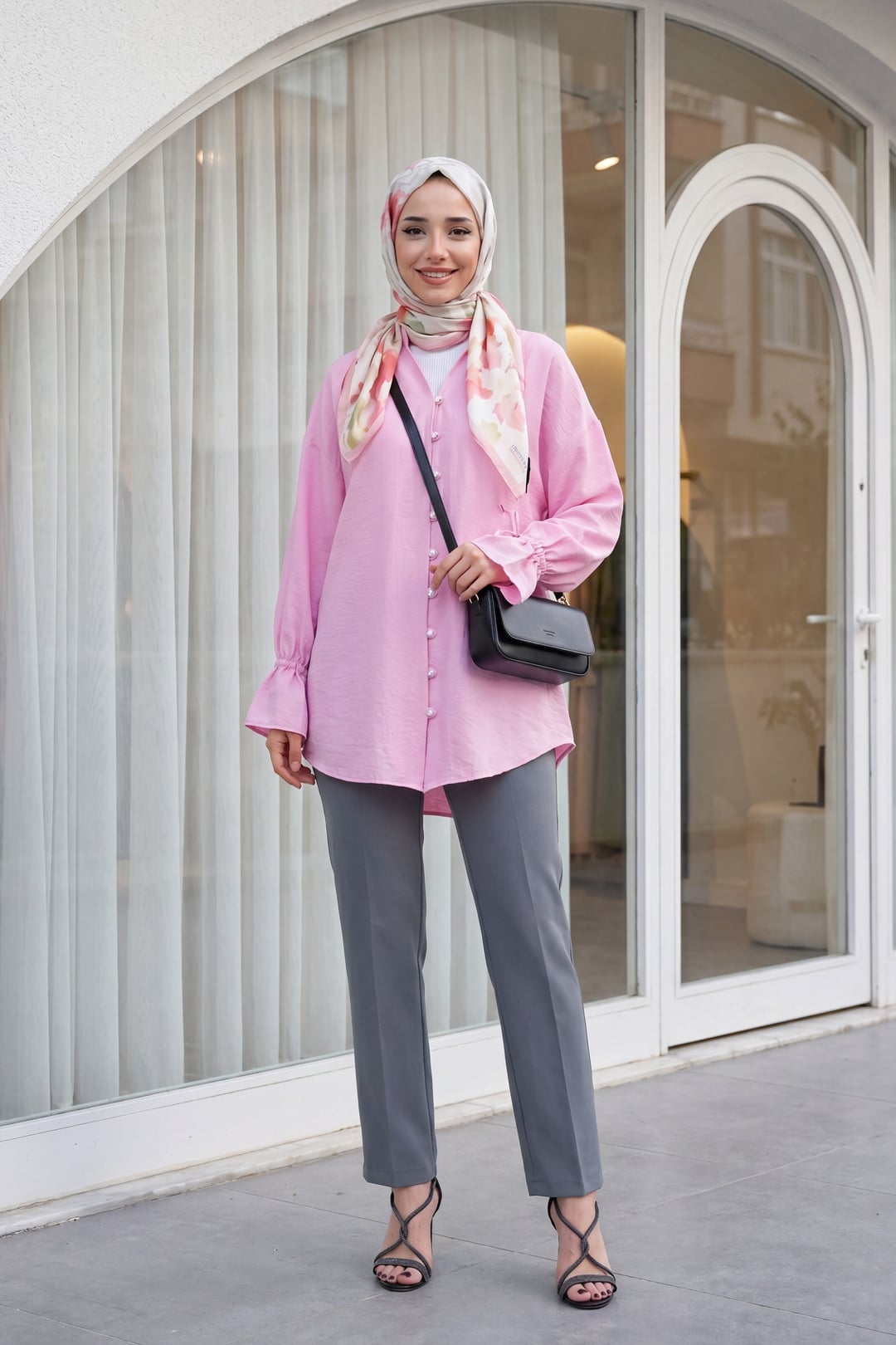 Pink Long-Sleeved Tunic with Tie Cuffs and Button Front - Podyumplus - by Peralane - photo 2