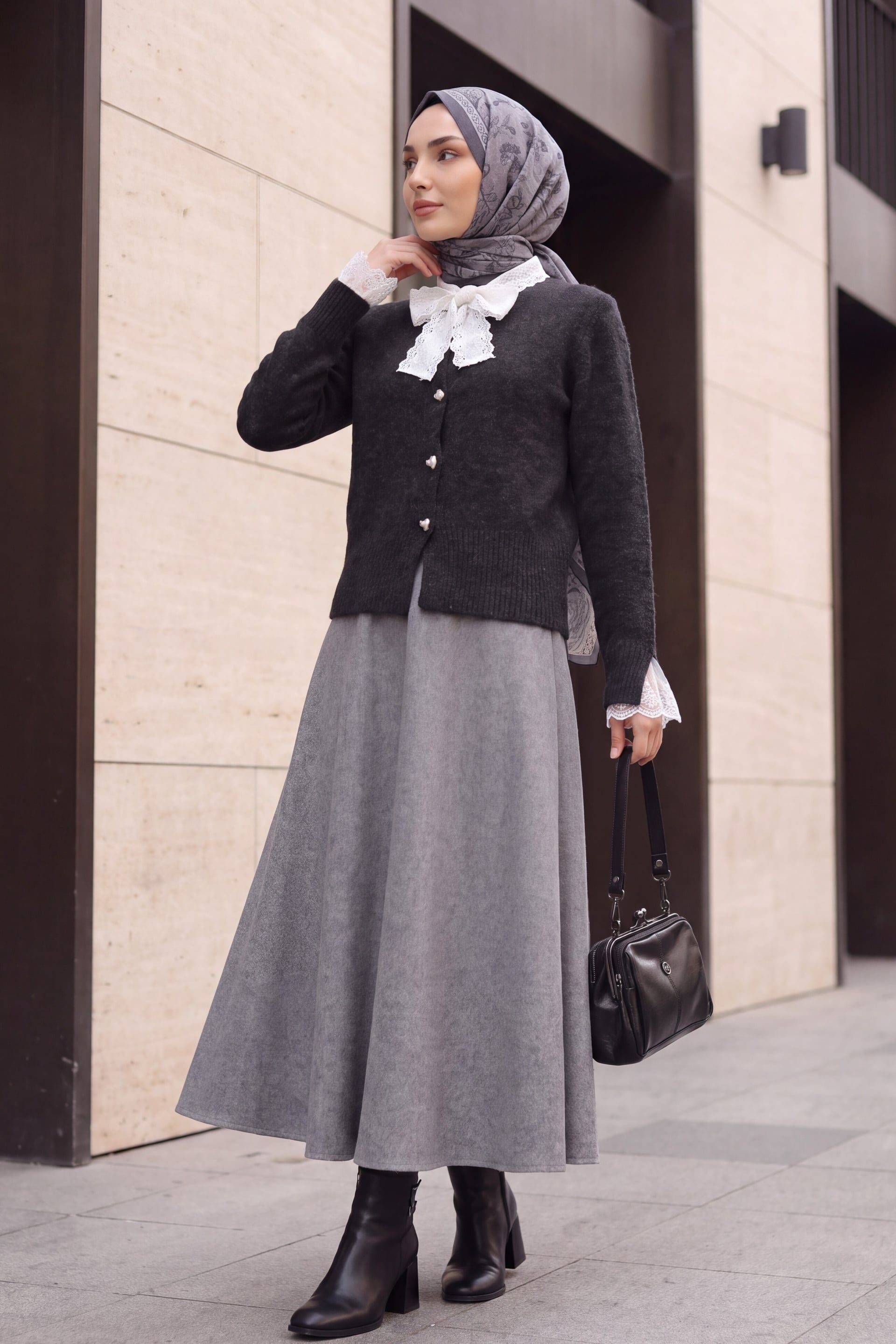 Fular Tie Detail Tulle Accent Cardigan - Anthracite - Podyumplus - by Peralane - photo 7