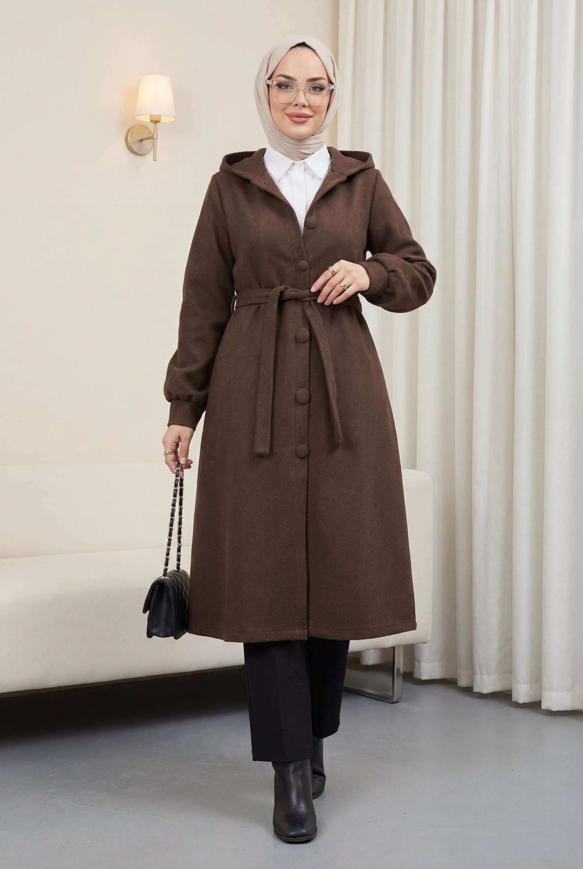 Belted Double-Breasted Wool-Blend Coat - Dark Brown - Podyumplus - by Peralane