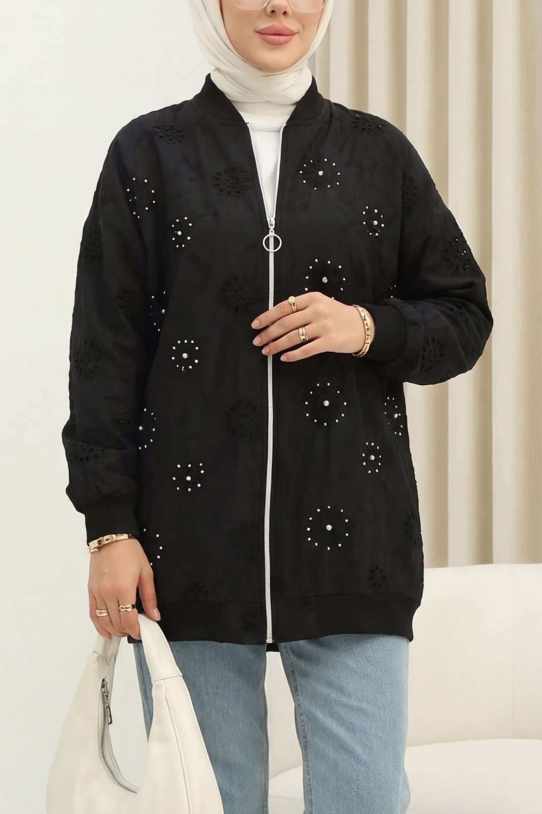 Black Zip-Front Pearl and Stone Embellished Tunic - Podyumplus - by Peralane