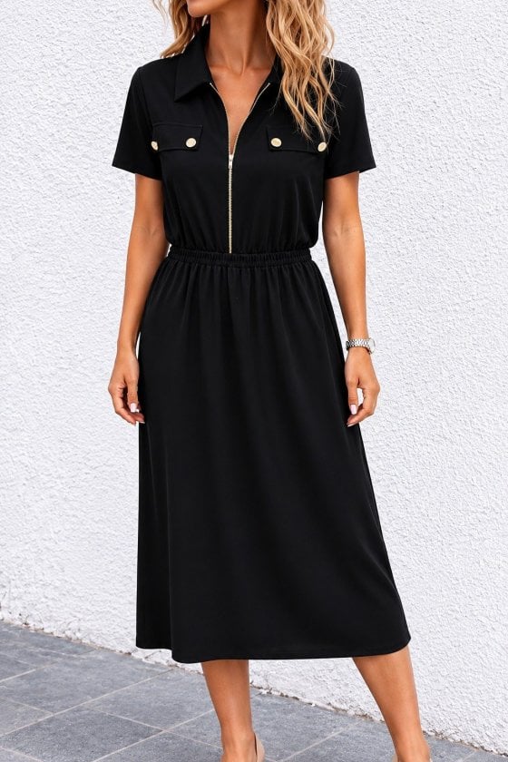Women's Short-Sleeve Collared Zip Midi Dress with Pocket Details - Janes - by Peralane
