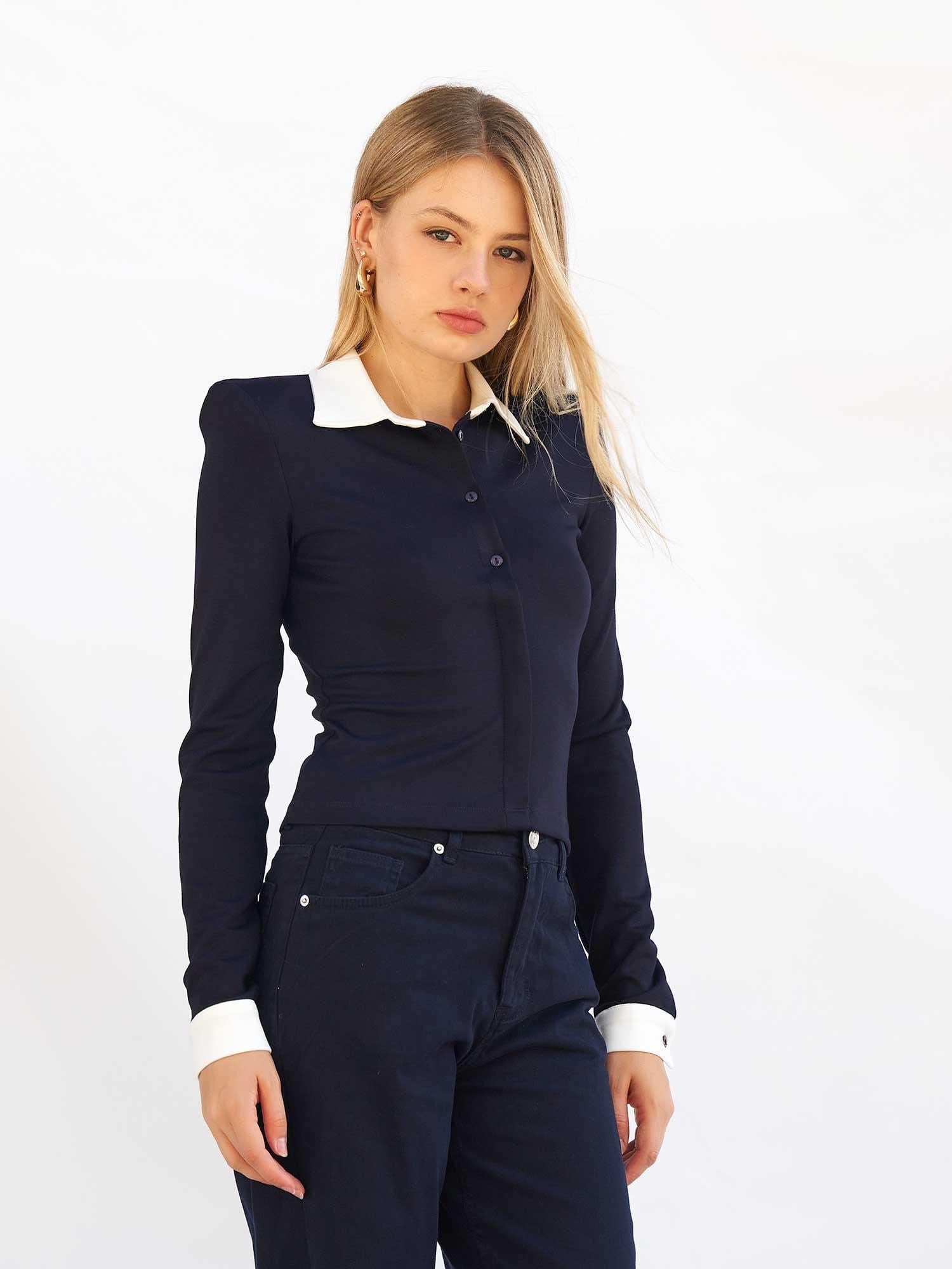 Navy Blue Long-Sleeve Collared Knit Blouse - Lefon - by Peralane