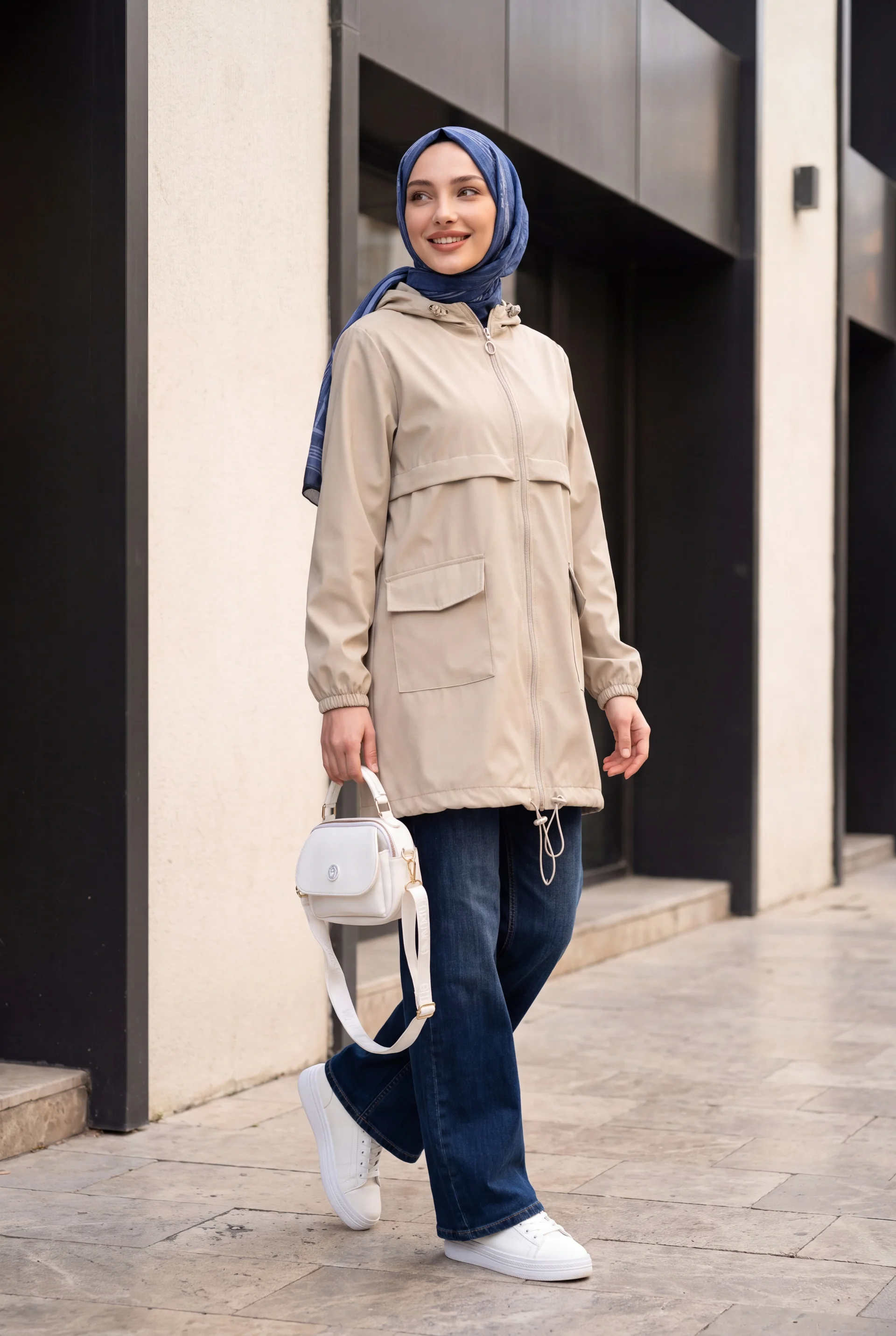 Hooded Full-Zip Raincoat with Flap Pockets - Stone - Podyumplus - by Peralane - photo 5