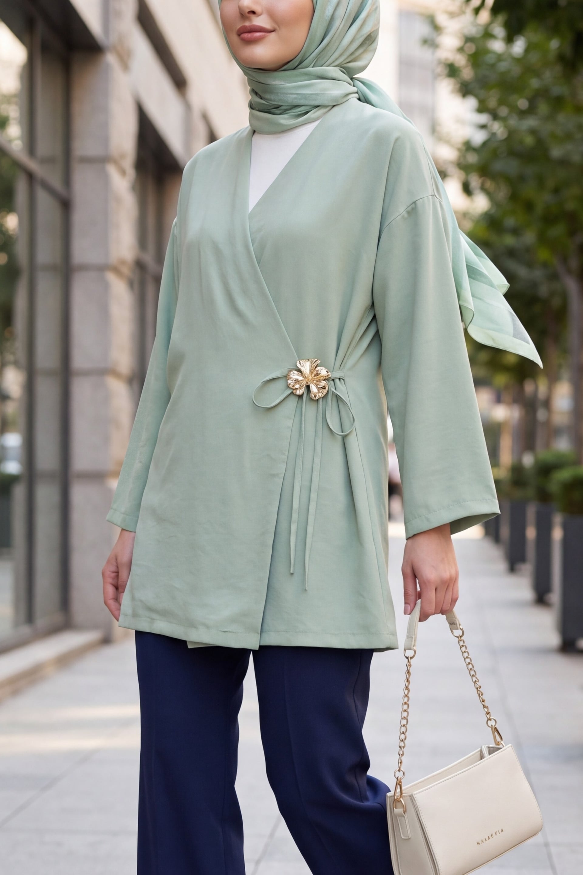 Side Wrap Tie Brooch Modal Tunic in Sage Green - Podyumplus - by Peralane