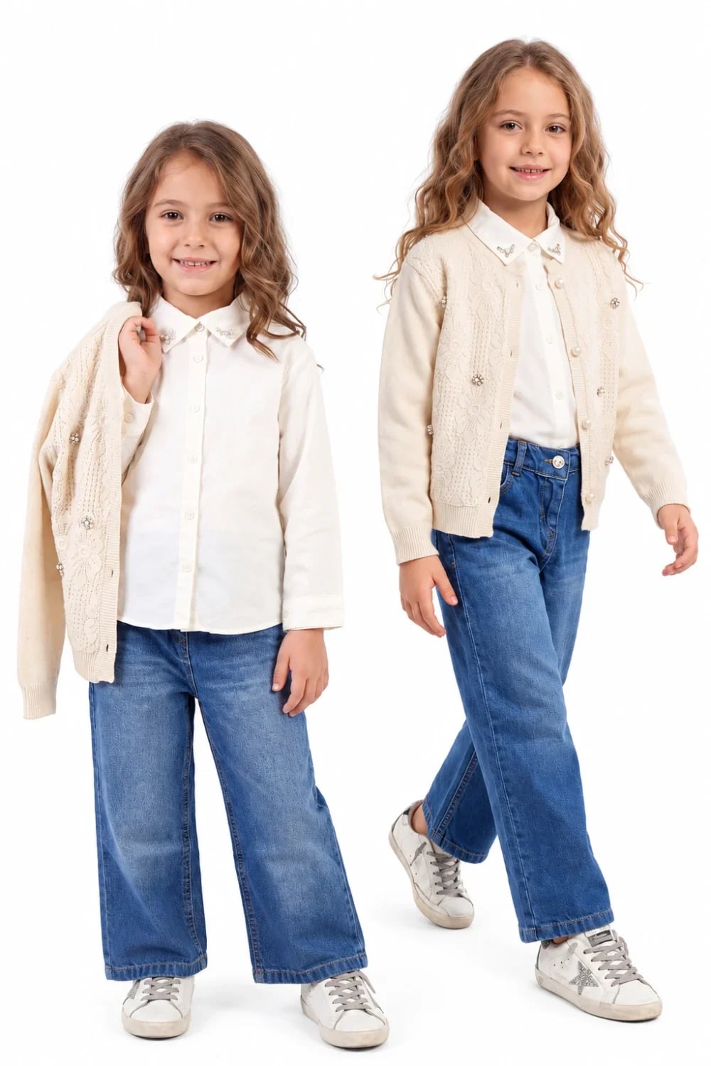 Girls' 3-Piece Knit Cardigan and Shirt Set - Cream - Has Bereket - by Peralane