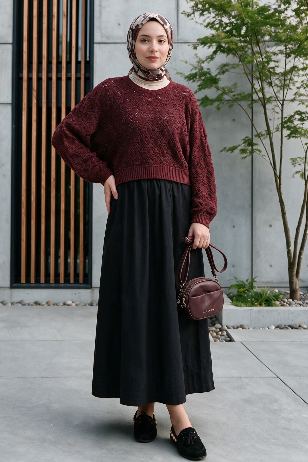 Round Neck Batwing Sleeve Open Knit Sweater - Maroon - Podyumplus - by Peralane - photo 4
