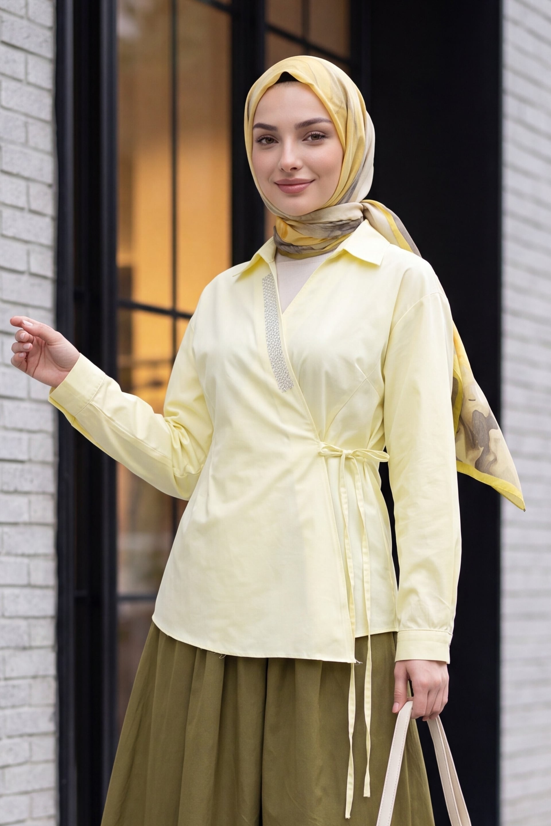 Side-Tie Rhinestone Wrap Collar Poplin Blouse - Pale Yellow - Podyumplus - by Peralane - photo 5
