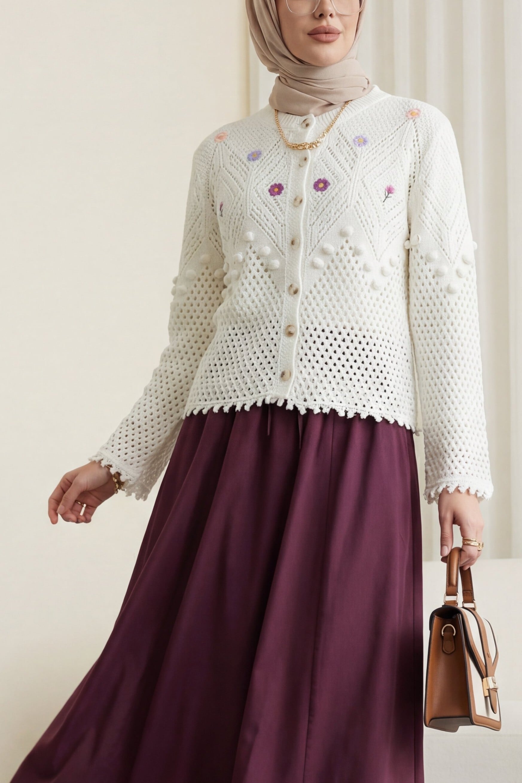White Floral Embroidered Pom-Pom Knit Cardigan - Podyumplus - by Peralane - photo 4