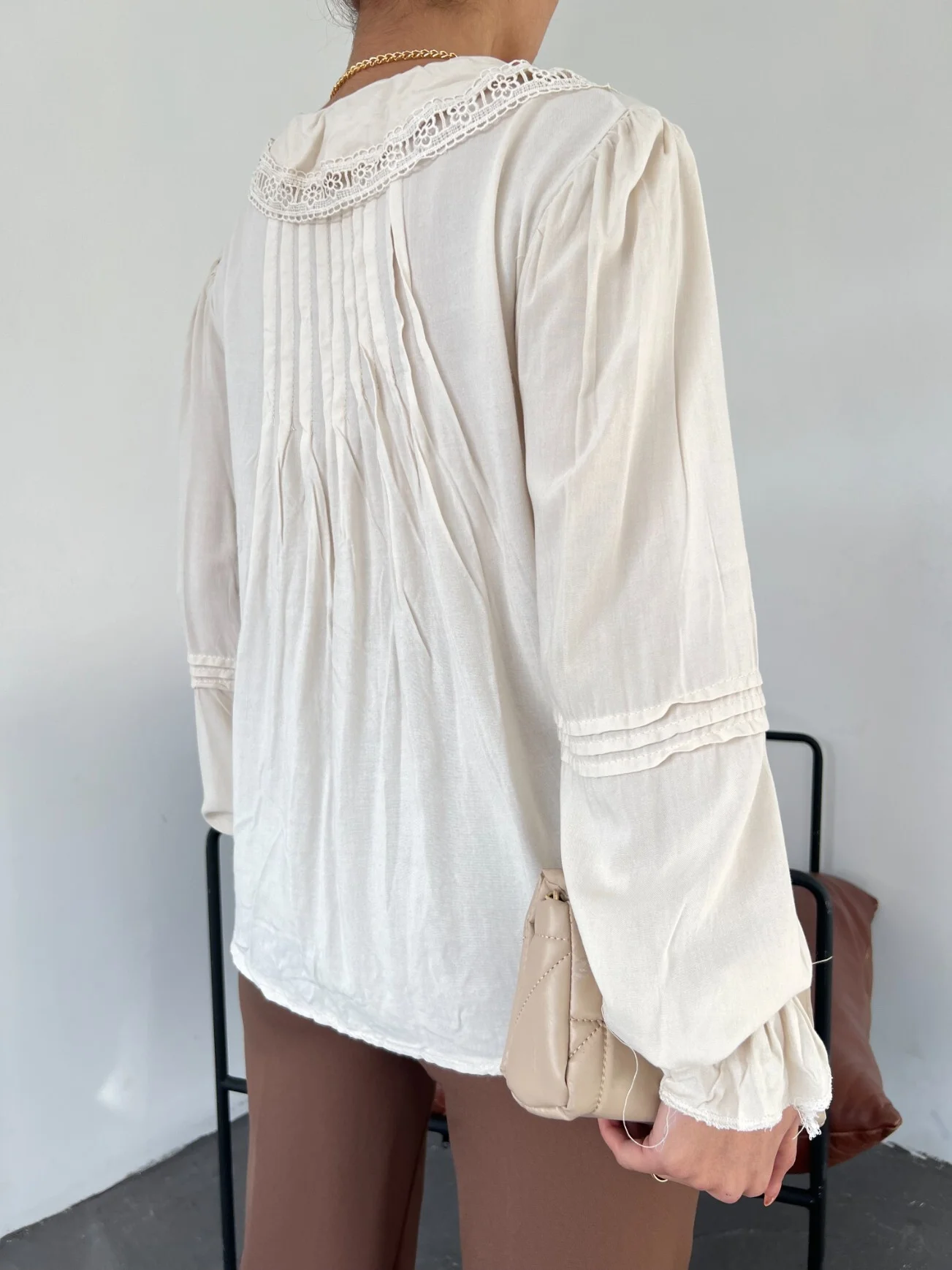 Beige Ruffled V-Neck Blouse - Podyumplus - by Peralane - photo 7
