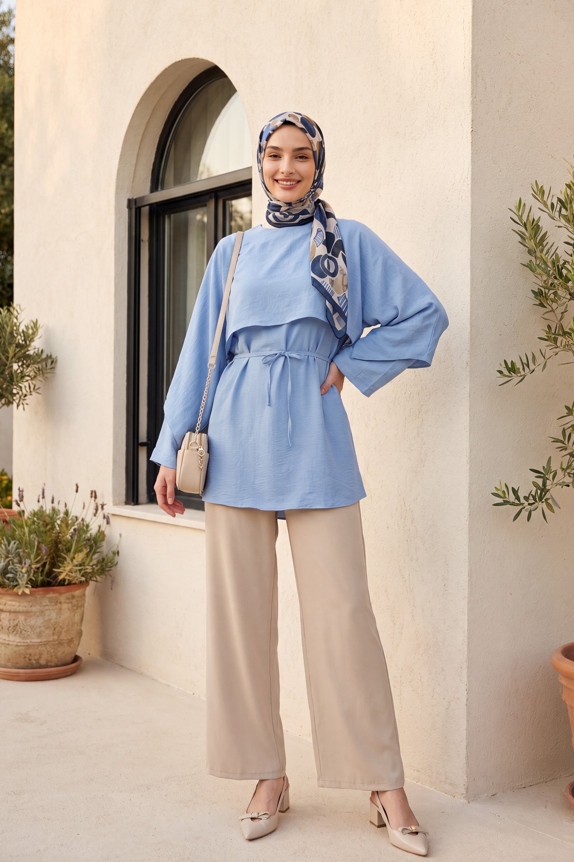 Cape Detail Belted Voile Tunic - Baby Blue - Podyumplus - by Peralane - photo 4