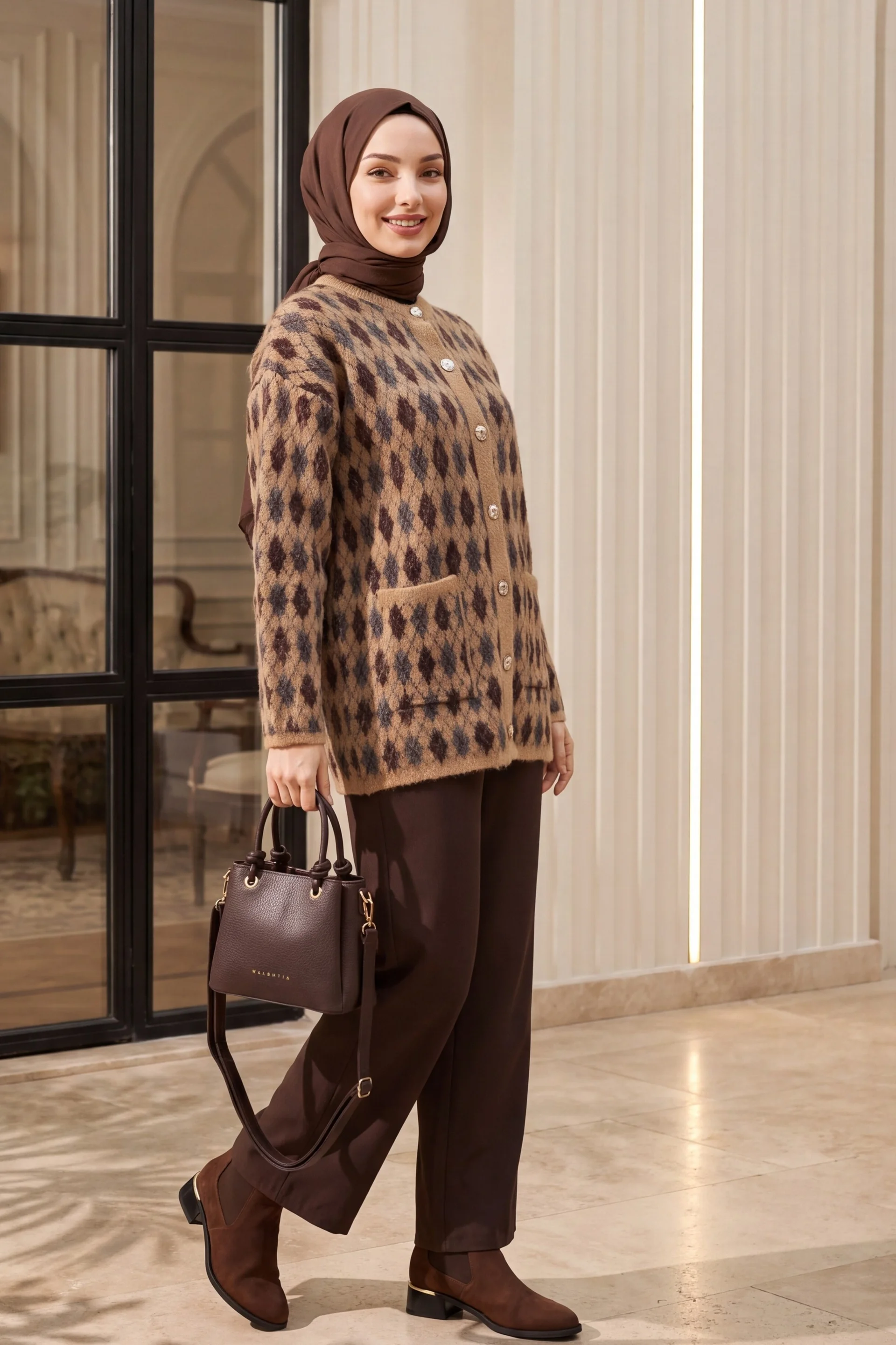 Patterned Button-Front Cardigan with Pockets - Cinnamon - Podyumplus - by Peralane - photo 3