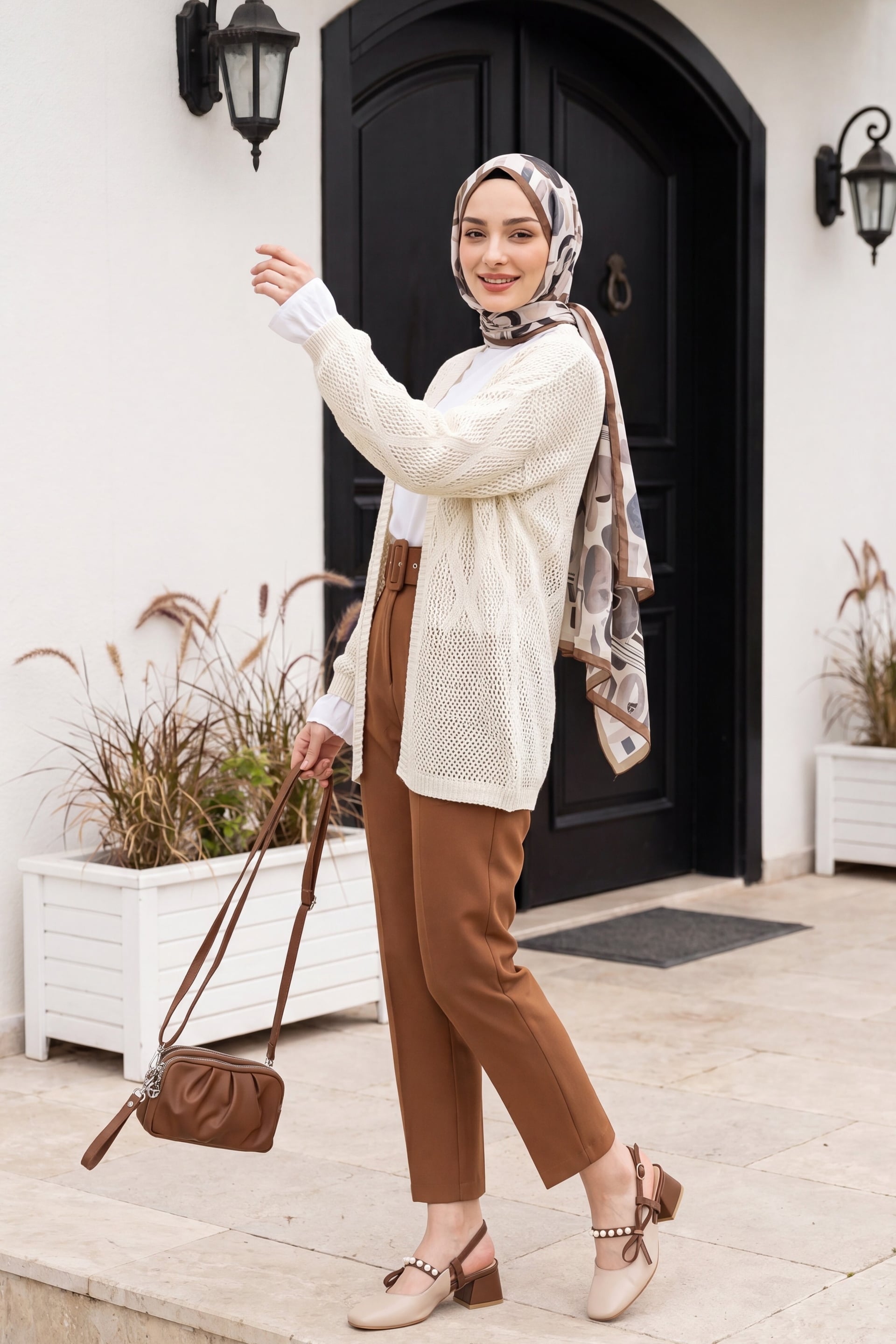 Cream Diamond Pattern Open-Front Knit Cardigan - Podyumplus - by Peralane - photo 3