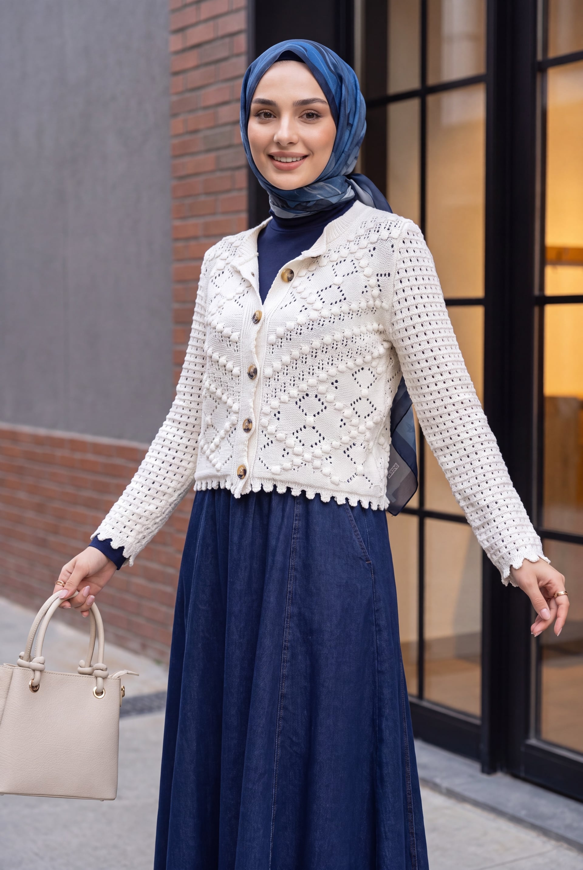 Pom-Pom Detail Open-Knit Button-Front Cardigan - Ecru - Podyumplus - by Peralane - photo 4