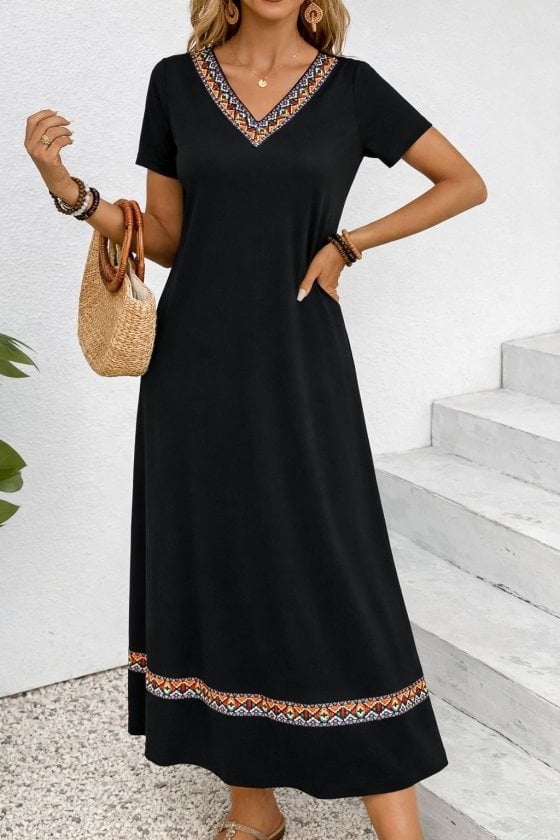 Women's Short Sleeve V-Neck Ethnic Stripe Detail Maxi Viscose Dress - Janes - by Peralane