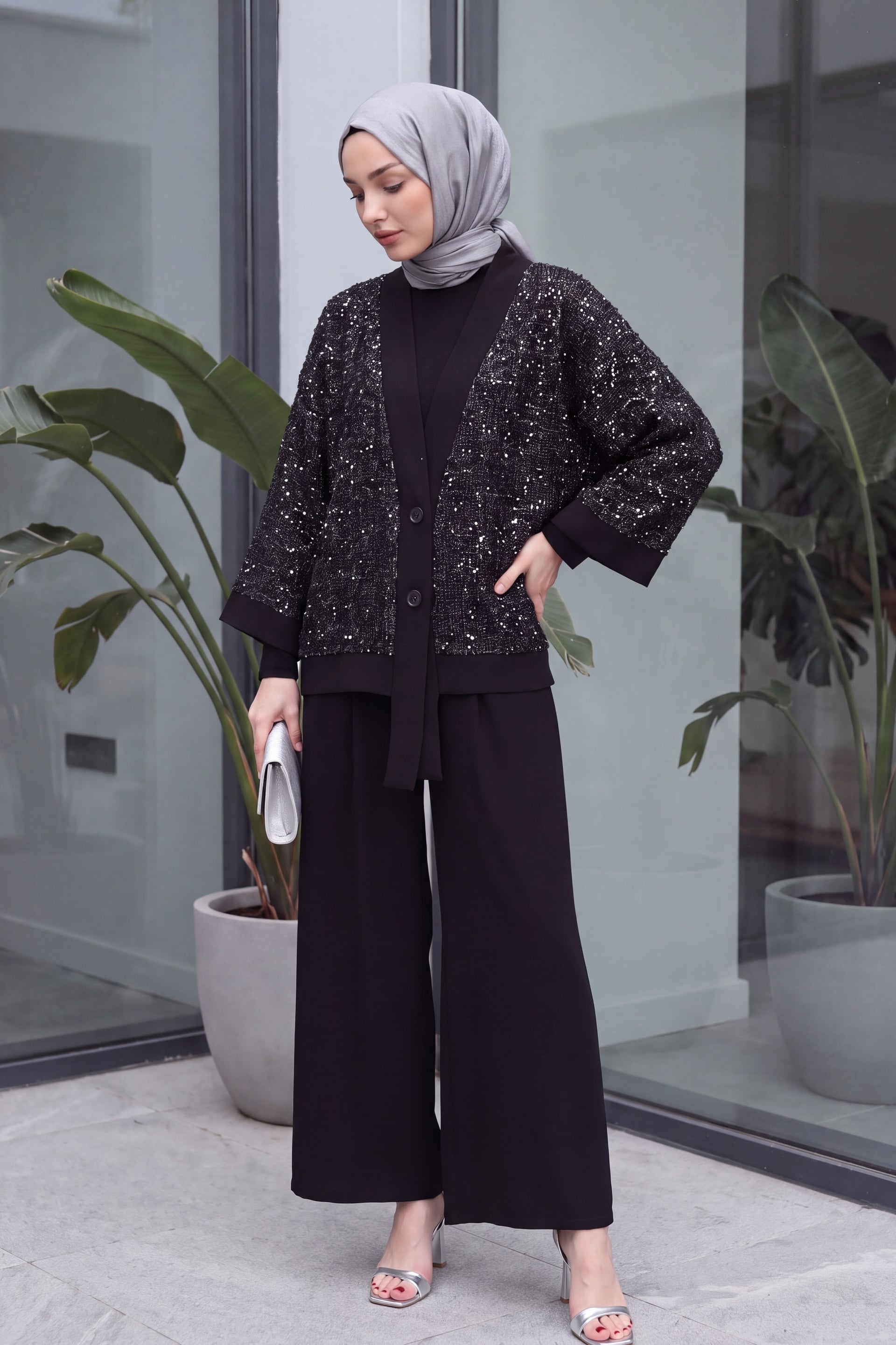 Sequin Mesh Cardigan 3-Piece Women's Modest Set - Black - Podyumplus - by Peralane