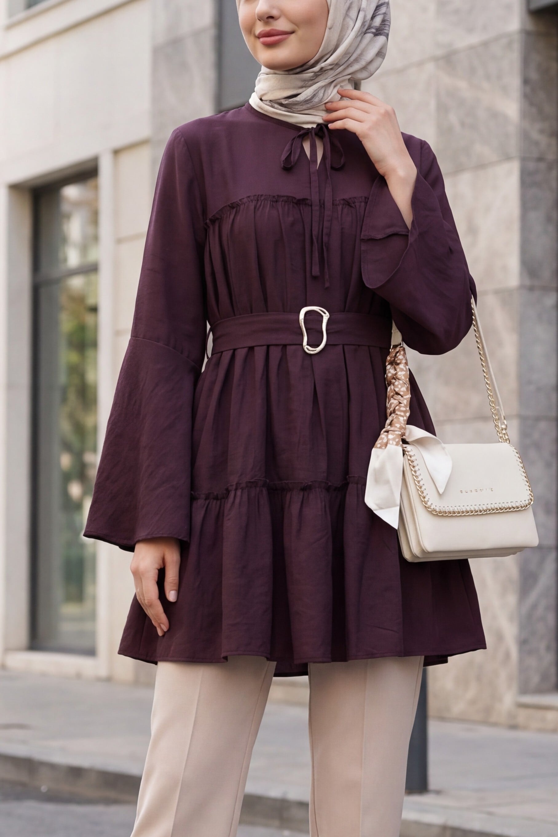 Tie Neckline Belted Bell Sleeve Cupro Tunic - Plum - Podyumplus - by Peralane