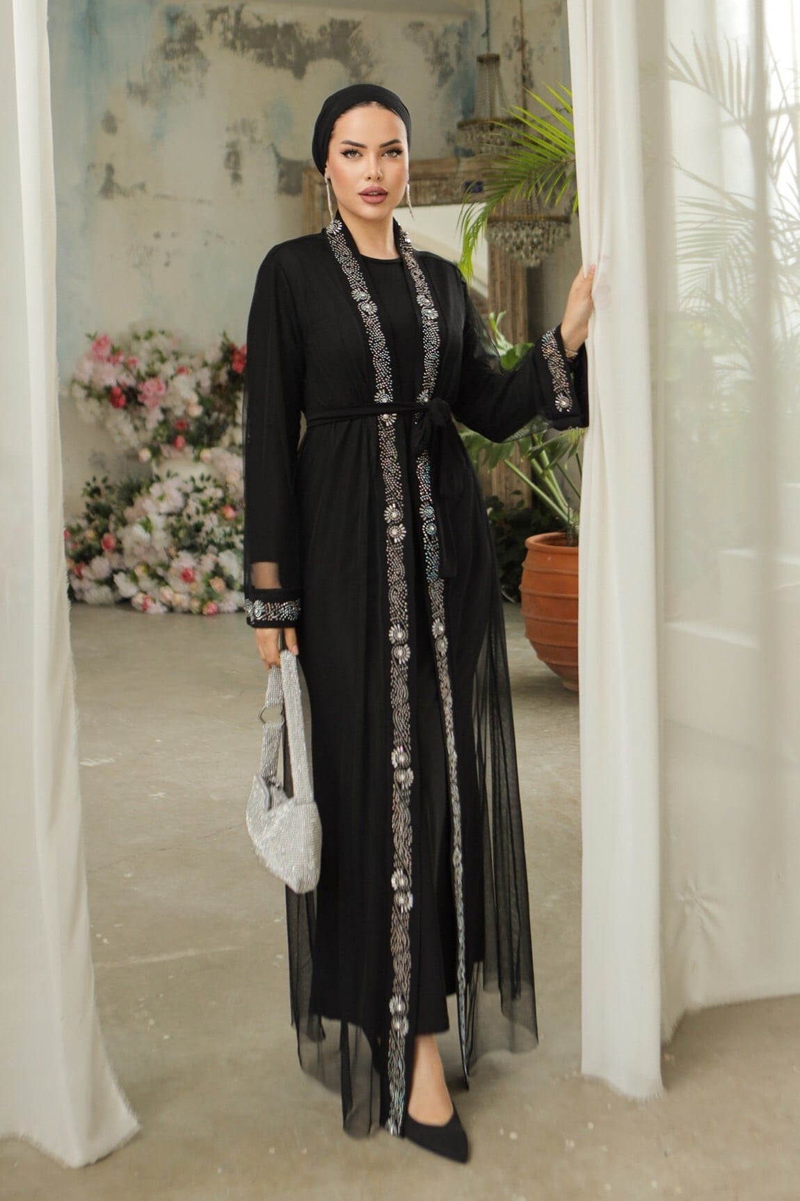 Beaded Cuff Belted Two-Piece Abaya Set - Black - Podyumplus - by Peralane - photo 3