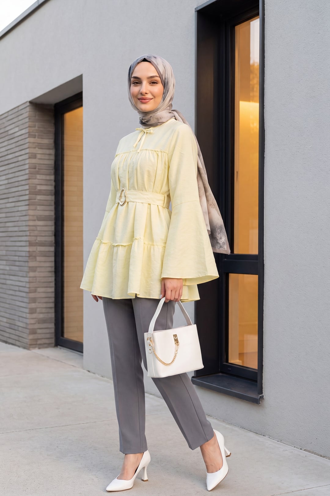 Yellow Tie-Neck Polyviscose Tunic with Belt and Tiered Hem - Podyumplus - by Peralane - photo 3
