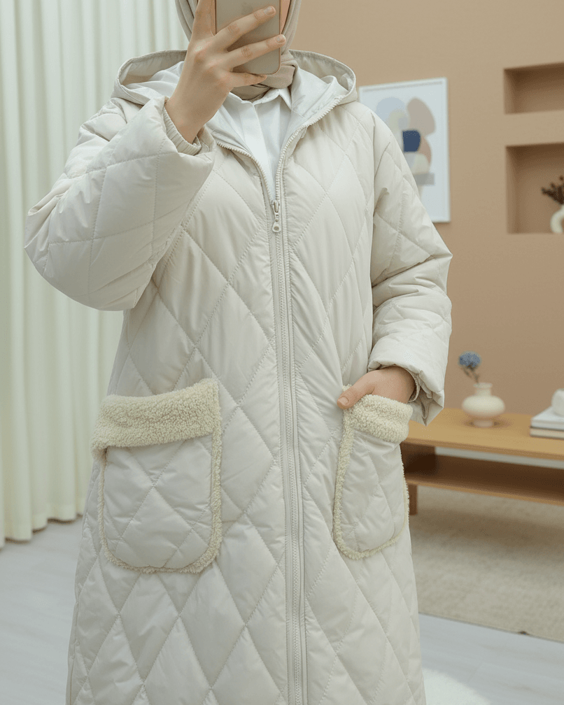 Cream Quilted Long Hooded Coat with Pockets and Sherpa Trim - Podyumplus - by Peralane - photo 2