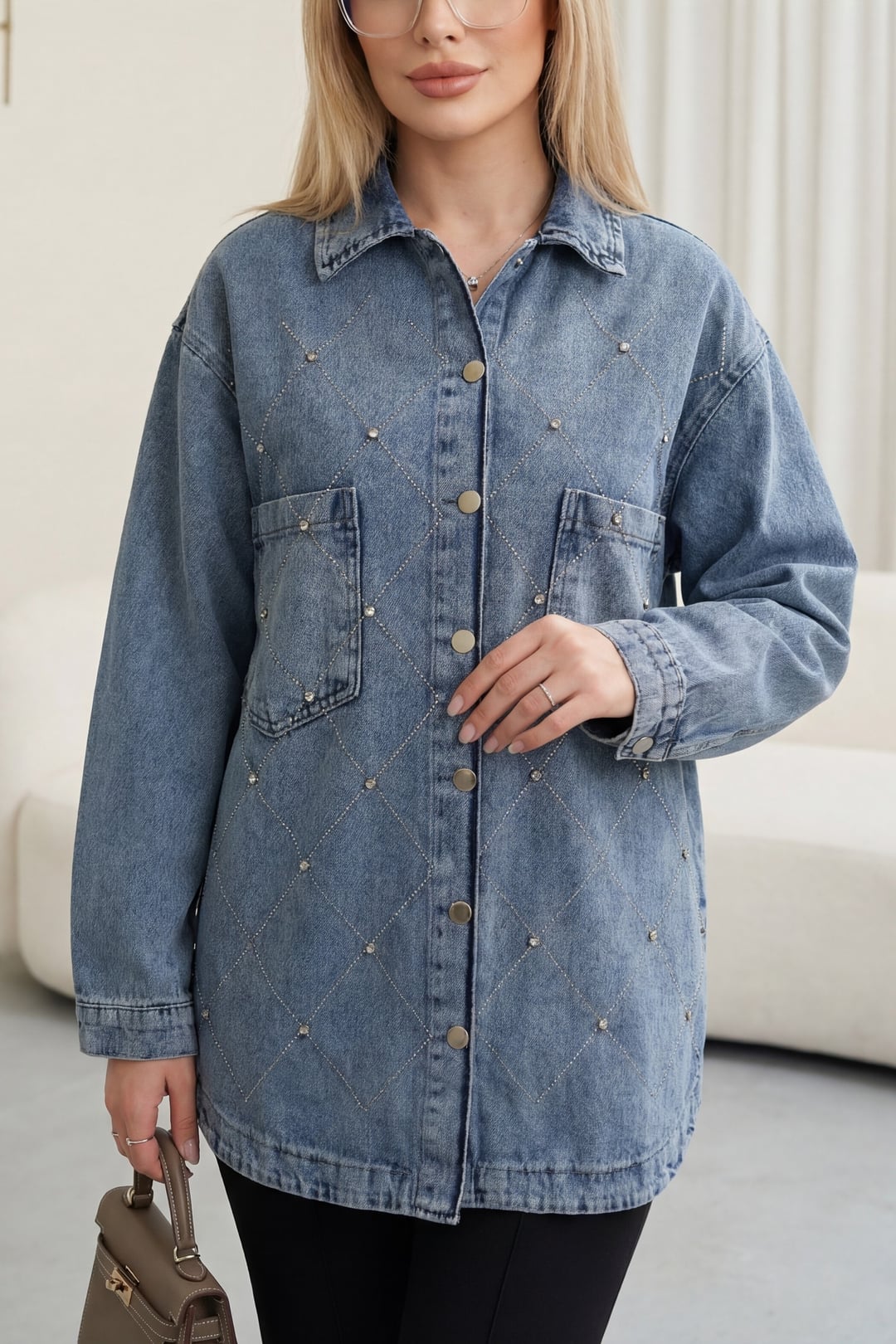 Double Pocket Stone Button Front Denim Jacket - Ice Blue - Podyumplus - by Peralane - photo 5