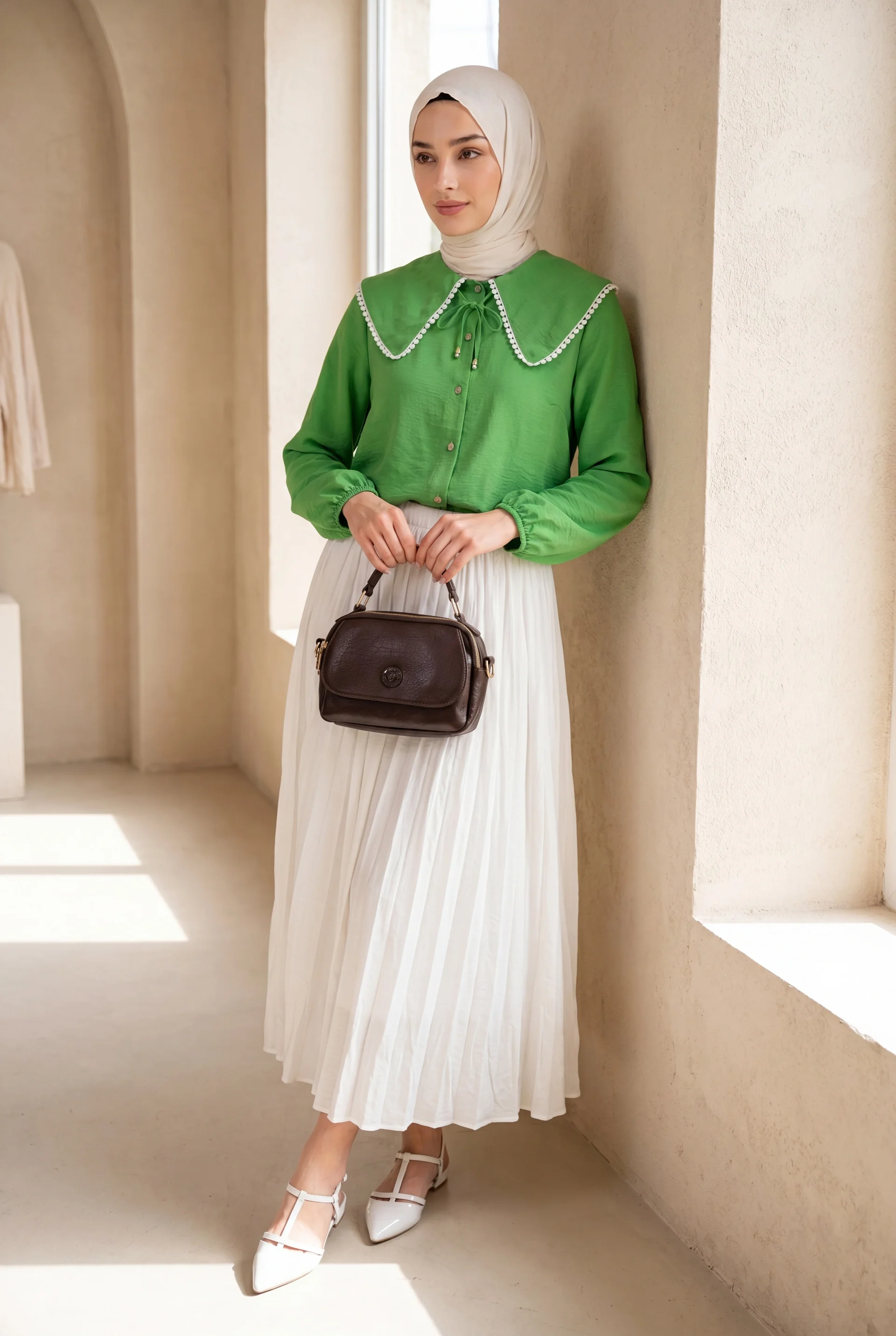 Peter Pan Collar Shirt with Lace Trim and Elasticated Cuffs - Green - Podyumplus - by Peralane - photo 3