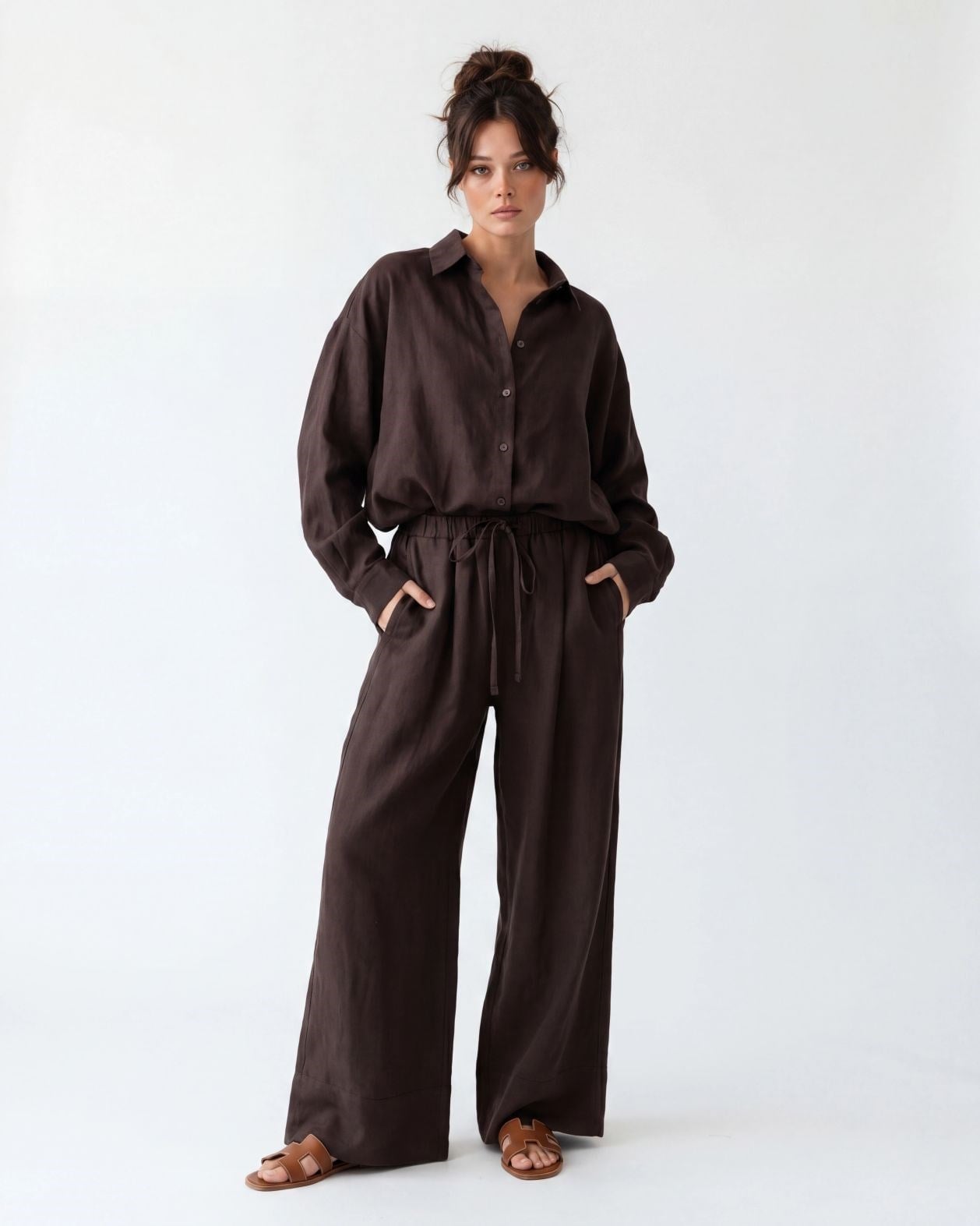 Women's Brown Linen Co-ord Set - Long-Sleeved Blouse and Wide-Leg Trousers - Fame - by Peralane