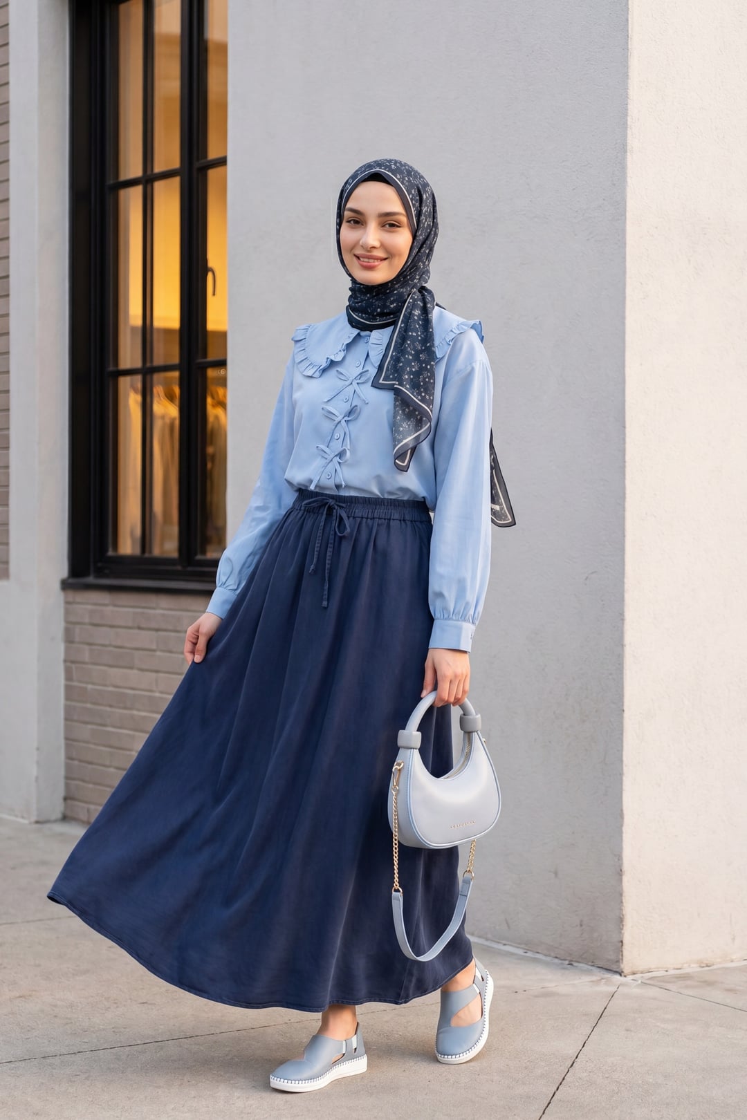Navy Blue Elasticated Waist Tie Detail Pocket Tencel Skirt - Podyumplus - by Peralane - photo 3