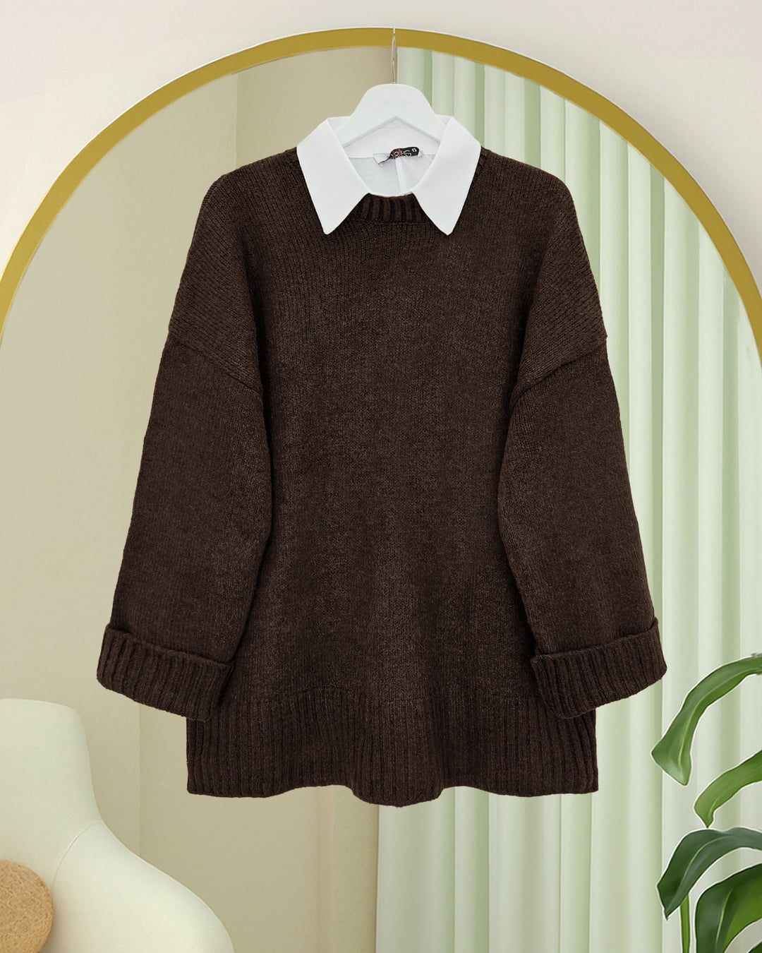 Ribbed Hem Mock Neck Sweater in Brown - Podyumplus - by Peralane - photo 2