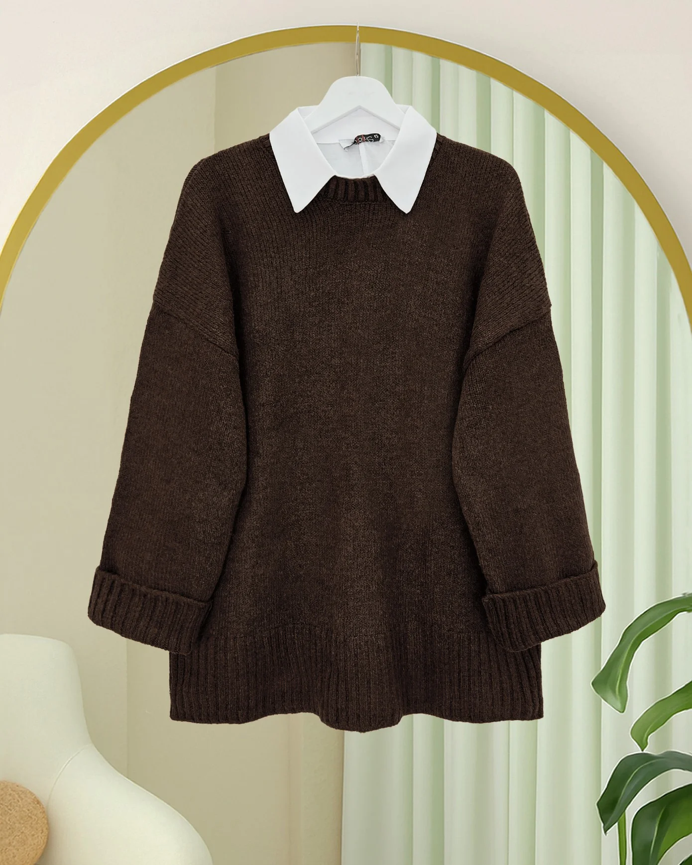 Brown Ribbed Hem Slouchy Knit Sweater with Crew Neck - Podyumplus - by Peralane - photo 2