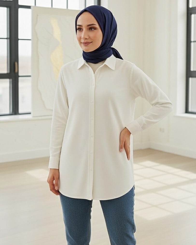 Buttoned Oversize Plain Tunic - White - Podyumplus - by Peralane