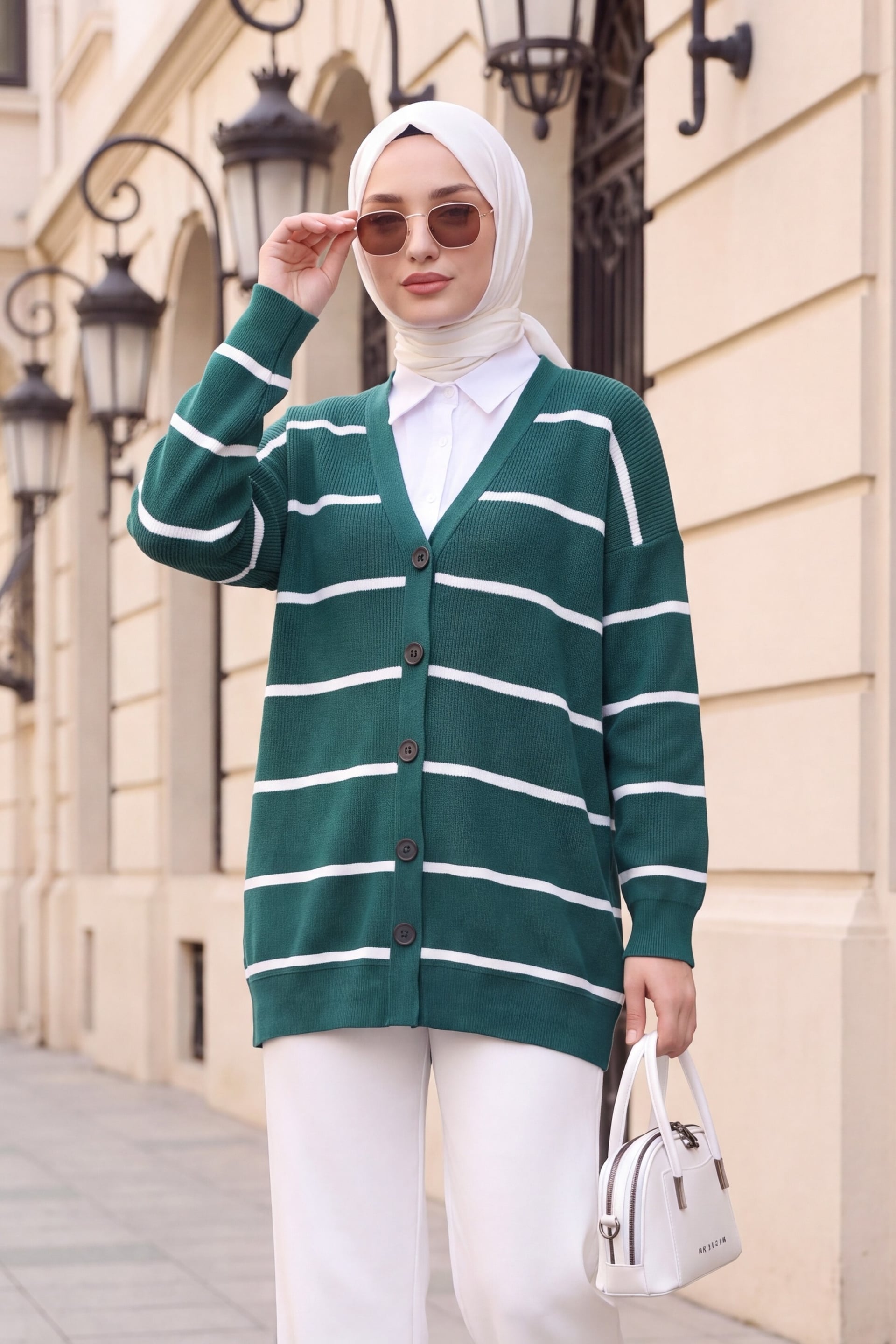 Striped Buttoned Cardigan - Emerald - Podyumplus - by Peralane
