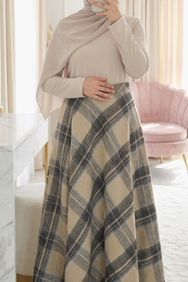 Winter Plaid A-Line Skirt with Side Zipper - Mink - Podyumplus - by Peralane - photo 3