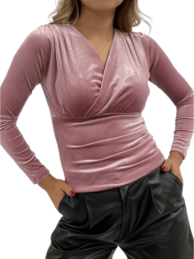 Wrap Velvet Blouse with Elastic Waist - Dusty Pink - Podyumplus - by Peralane